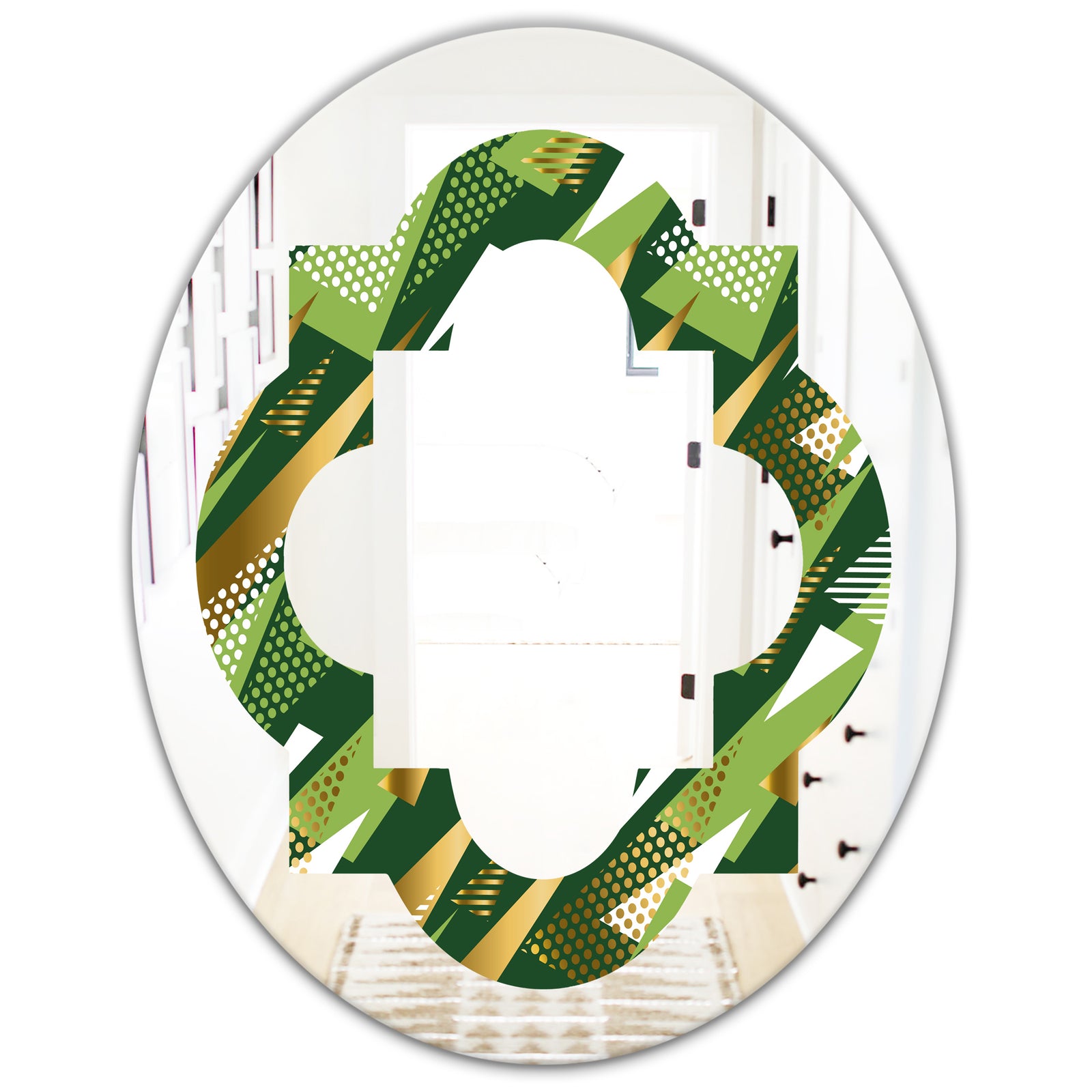 Triangular Gold and Green Design I - Modern Round or Oval Wall Mirror - Quatrefoil