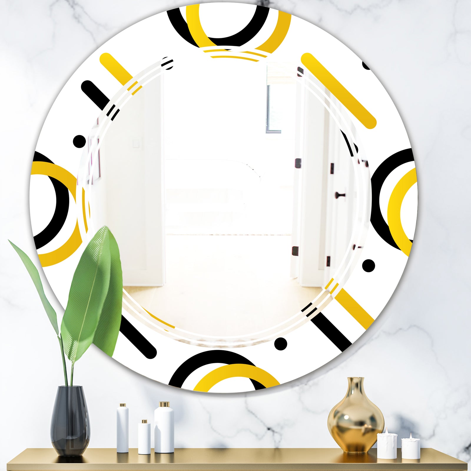 Trendy Black and Gold Triangular Pattern I - Modern Round or Oval Wall Mirror - Triple C