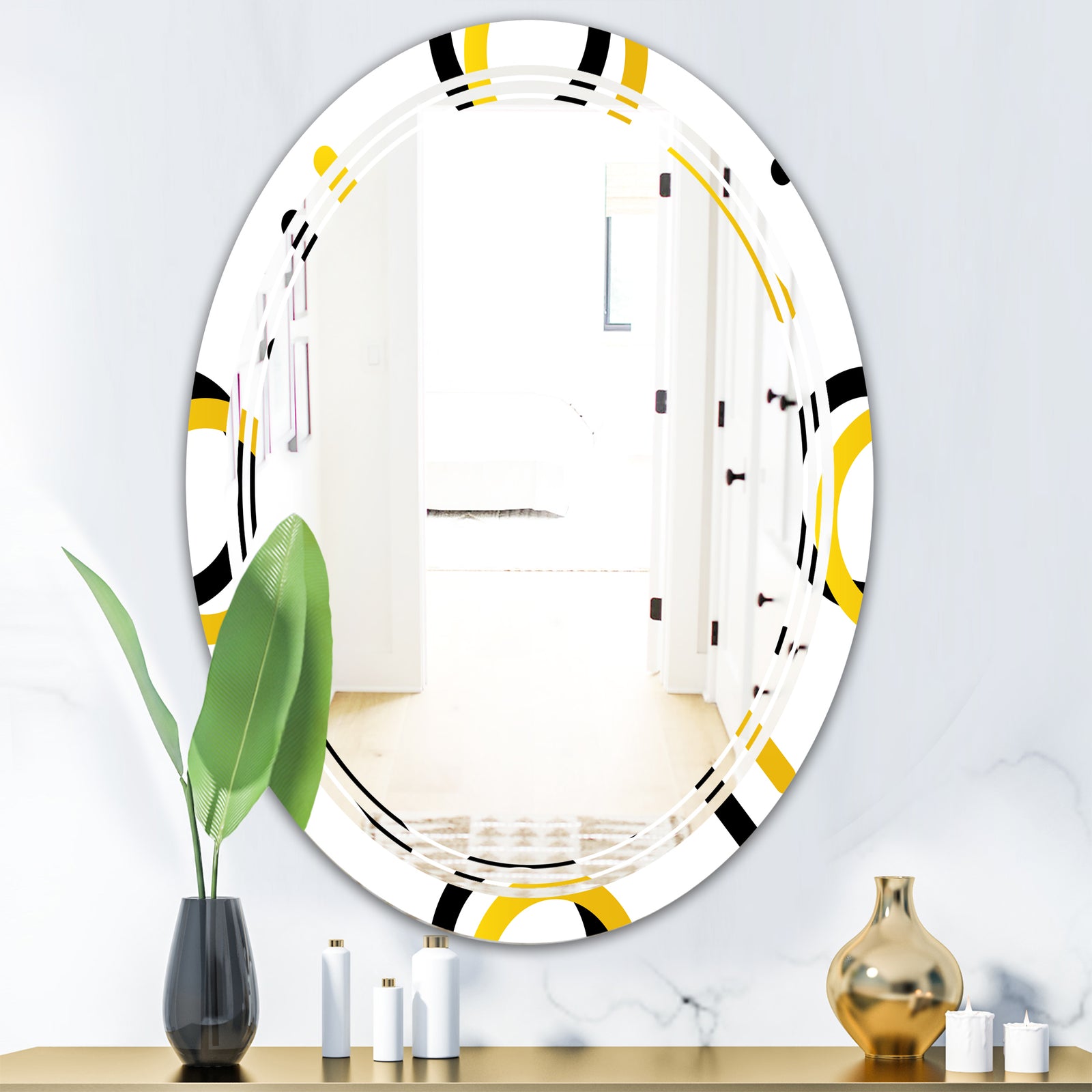 Trendy Black and Gold Triangular Pattern I - Modern Round or Oval Wall Mirror - Triple C