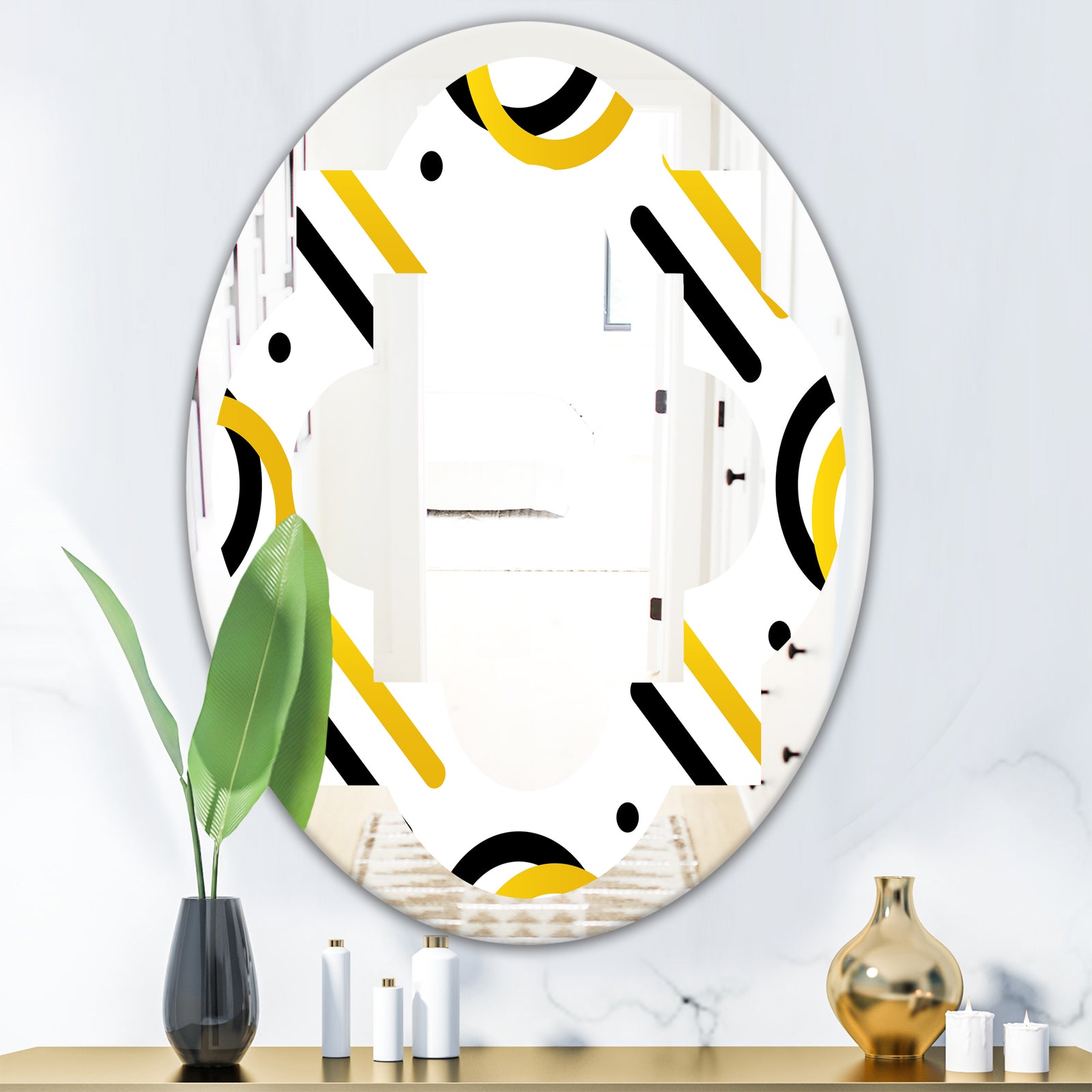 Trendy Black and Gold Triangular Pattern I - Modern Round or Oval Wall Mirror - Quatrefoil