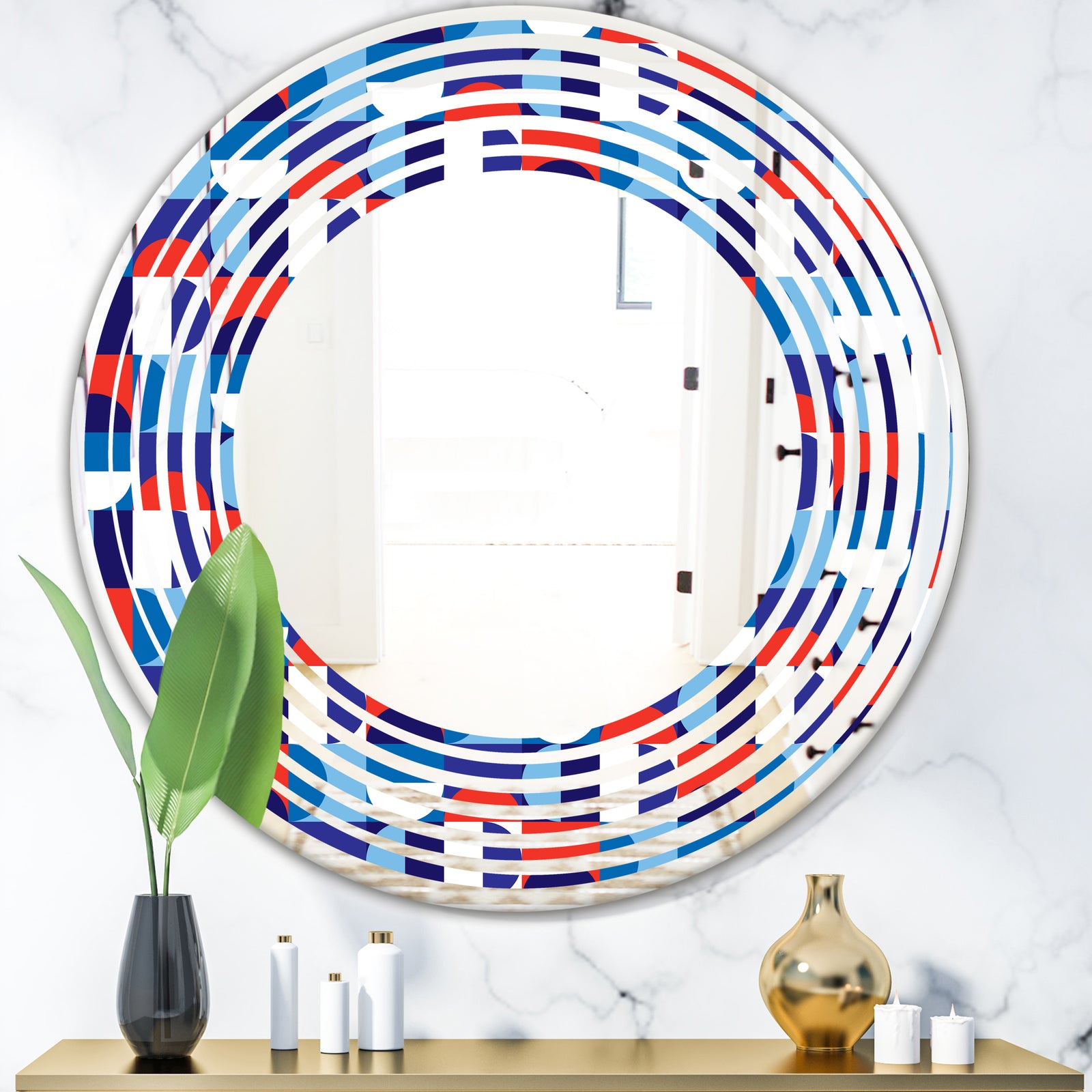 Blue, Red & White Polka Dots - Modern Round or Oval Wall Mirror - Wave