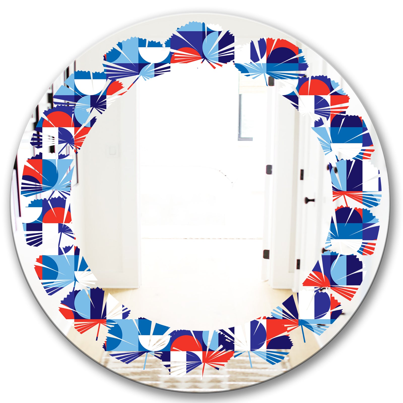 Blue, Red & White Polka Dots - Modern Round or Oval Wall Mirror - Leaves