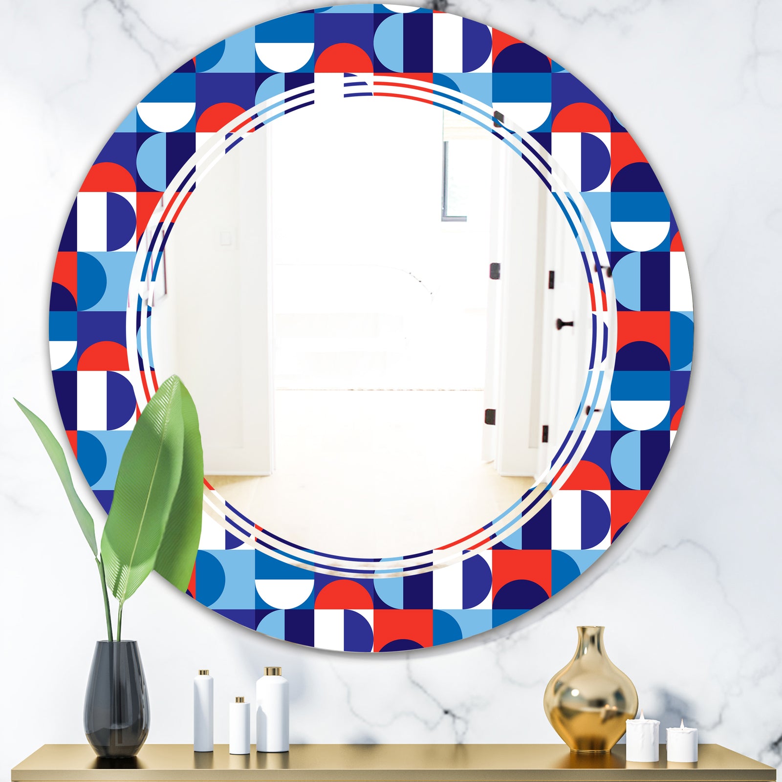 Blue, Red & White Polka Dots - Modern Round or Oval Wall Mirror - Triple C