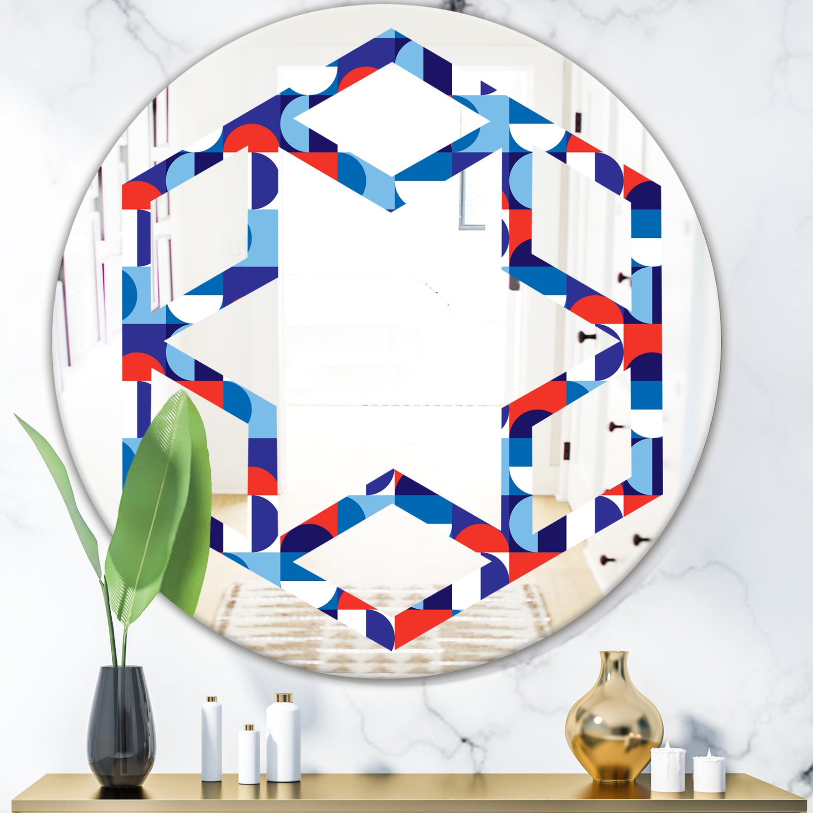 Blue, Red & White Polka Dots - Modern Round or Oval Wall Mirror - Hexagon Star