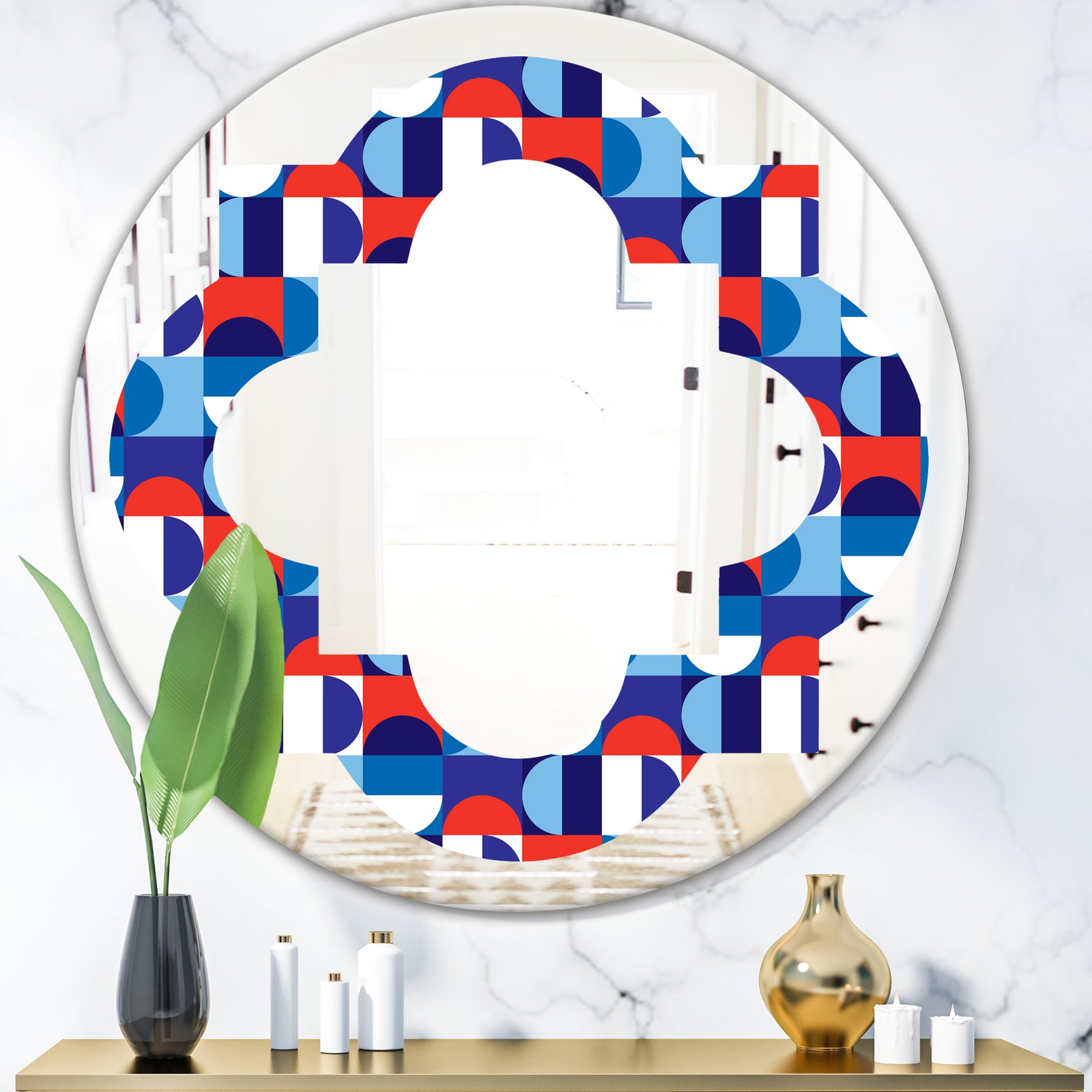 Blue, Red & White Polka Dots - Modern Round or Oval Wall Mirror - Quatrefoil