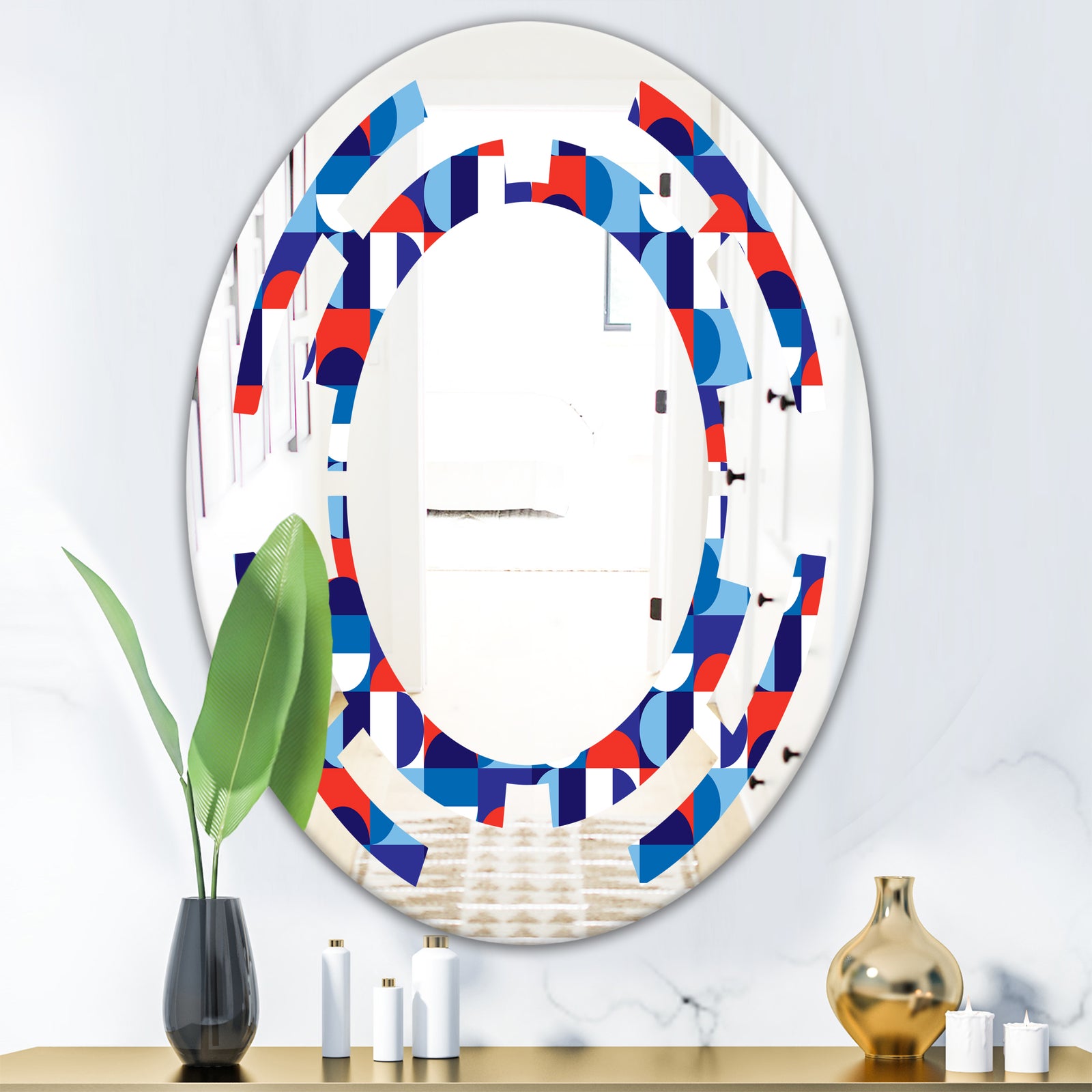 Blue, Red & White Polka Dots - Modern Round or Oval Wall Mirror - Space