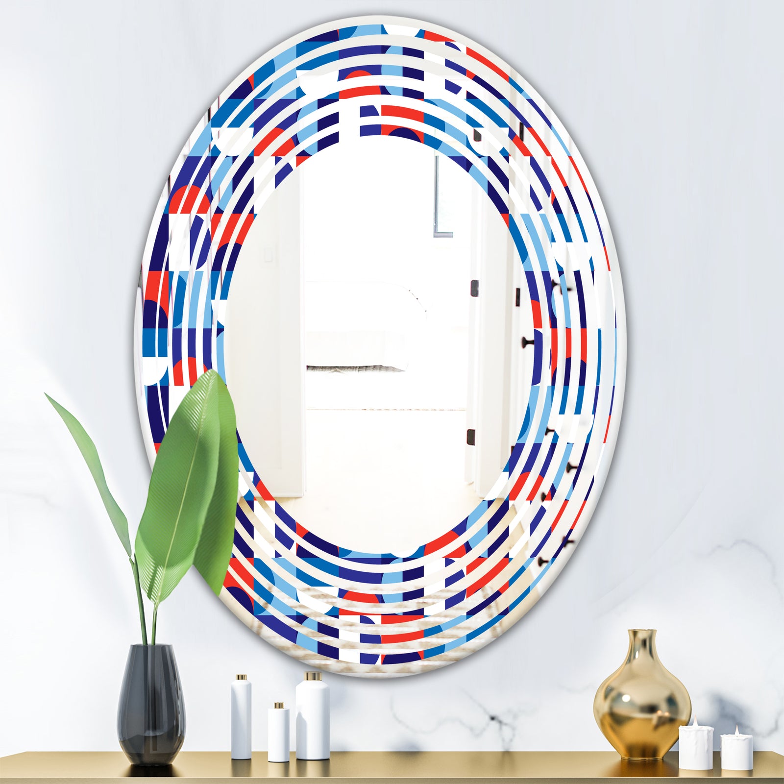Blue, Red & White Polka Dots - Modern Round or Oval Wall Mirror - Wave