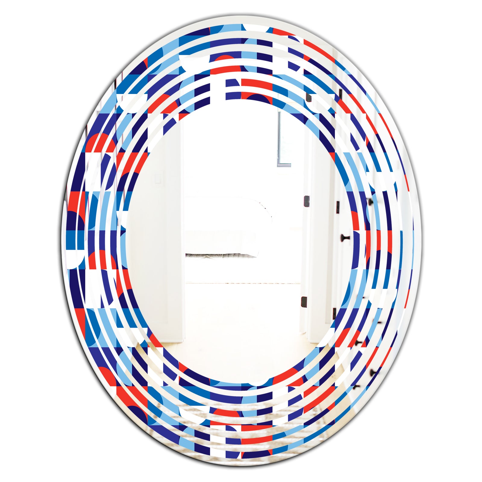 Blue, Red & White Polka Dots - Modern Round or Oval Wall Mirror - Wave