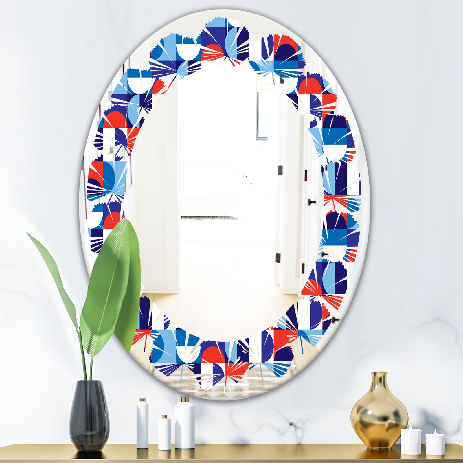 Blue, Red & White Polka Dots - Modern Round or Oval Wall Mirror - Leaves