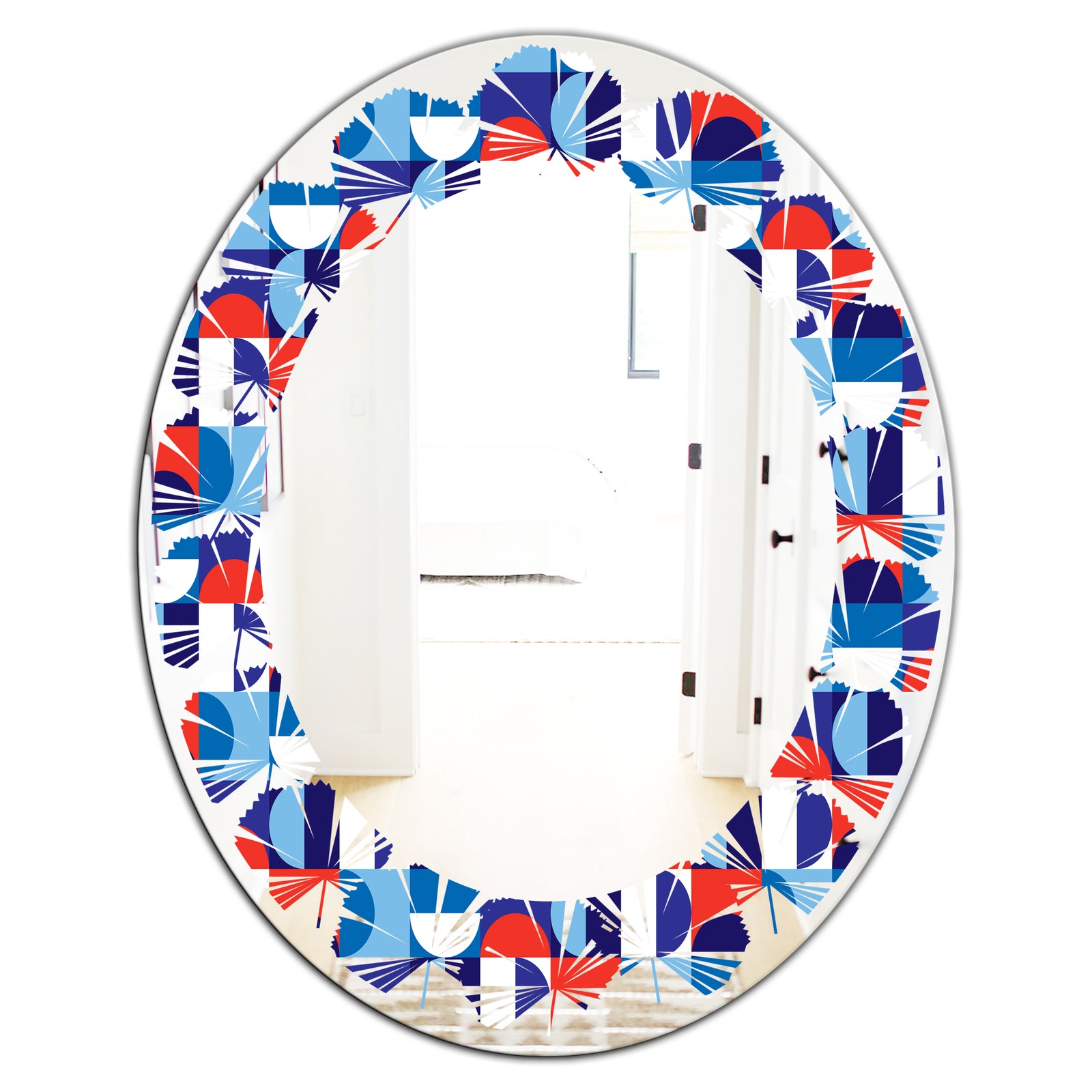 Blue, Red & White Polka Dots - Modern Round or Oval Wall Mirror - Leaves
