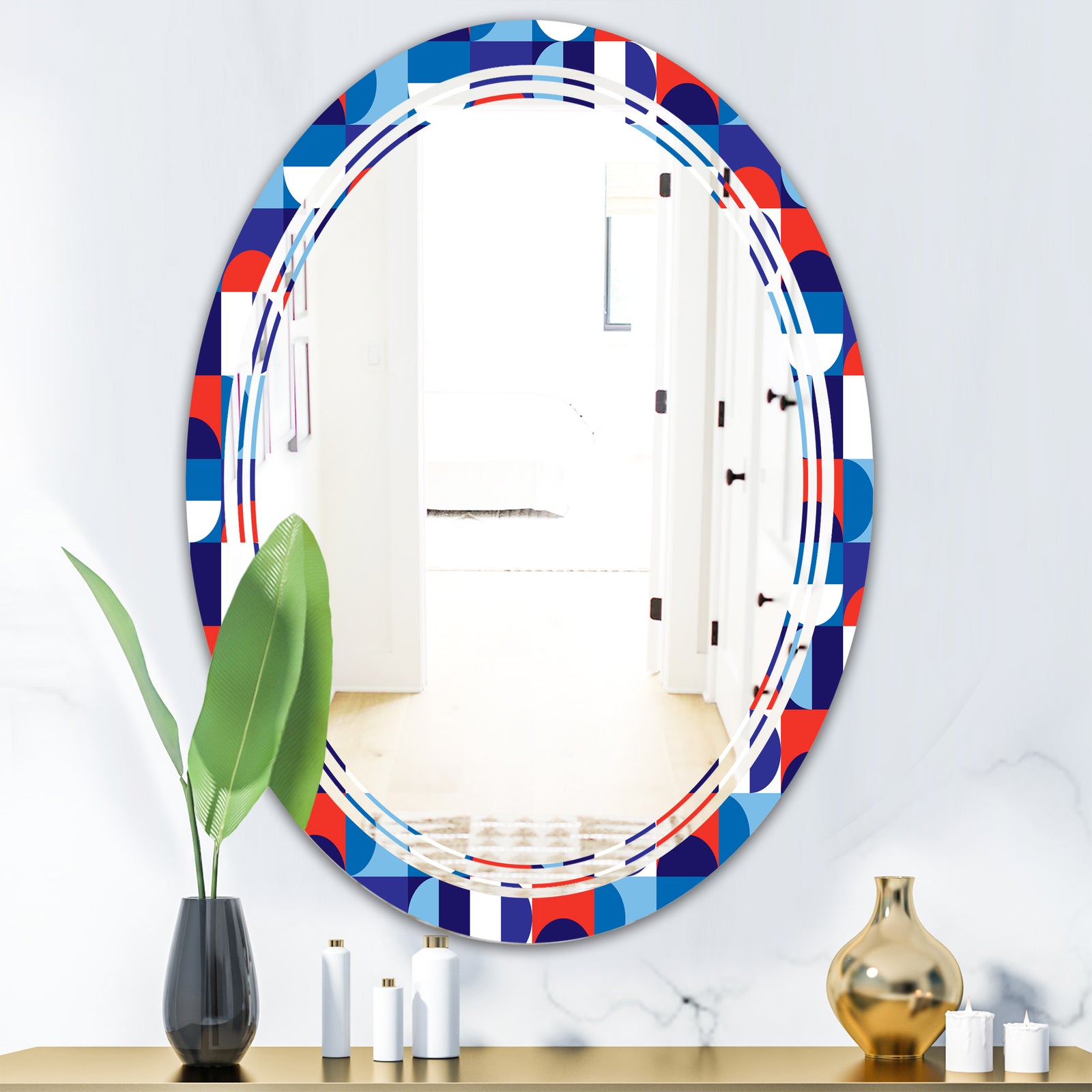Blue, Red & White Polka Dots - Modern Round or Oval Wall Mirror - Triple C