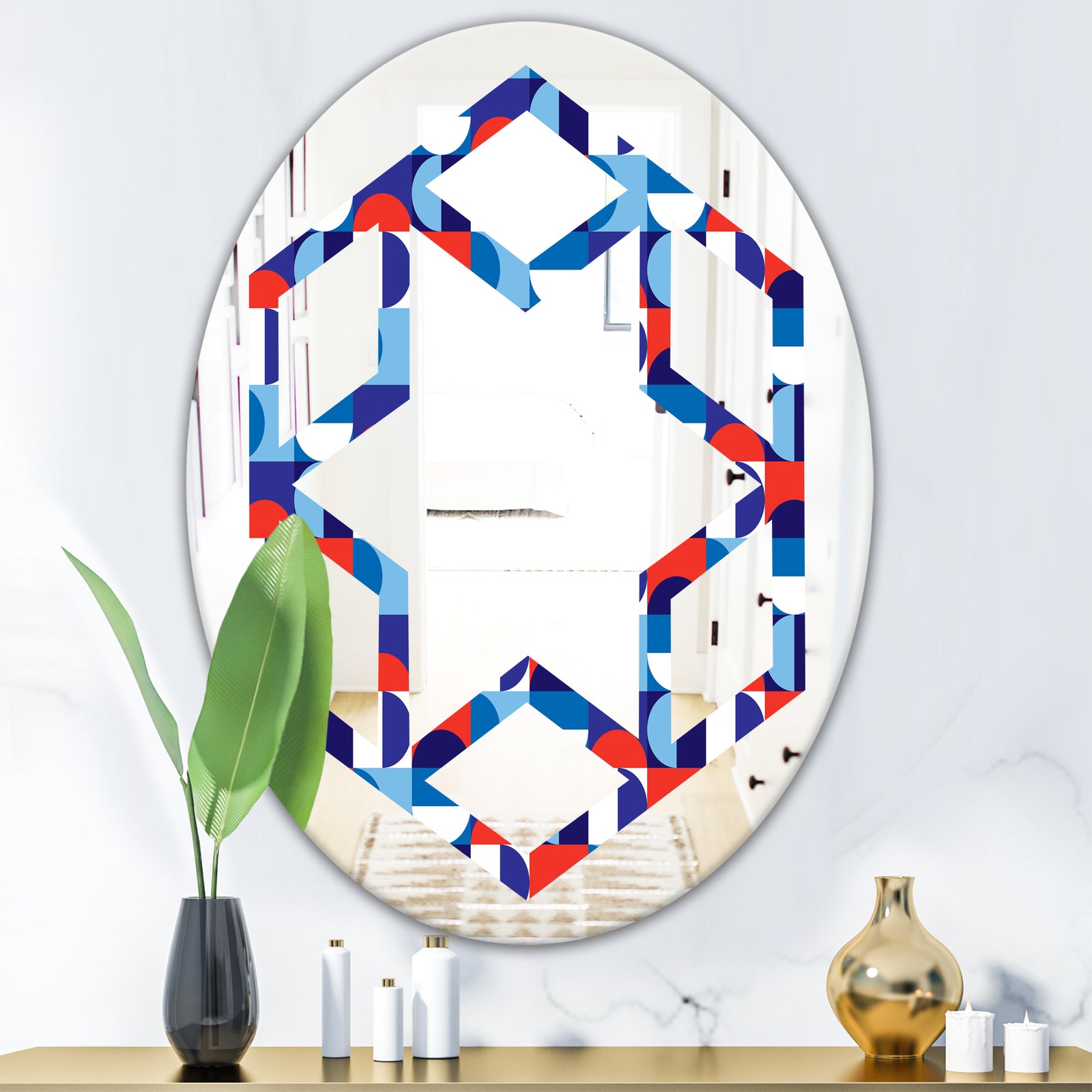 Blue, Red & White Polka Dots - Modern Round or Oval Wall Mirror - Hexagon Star