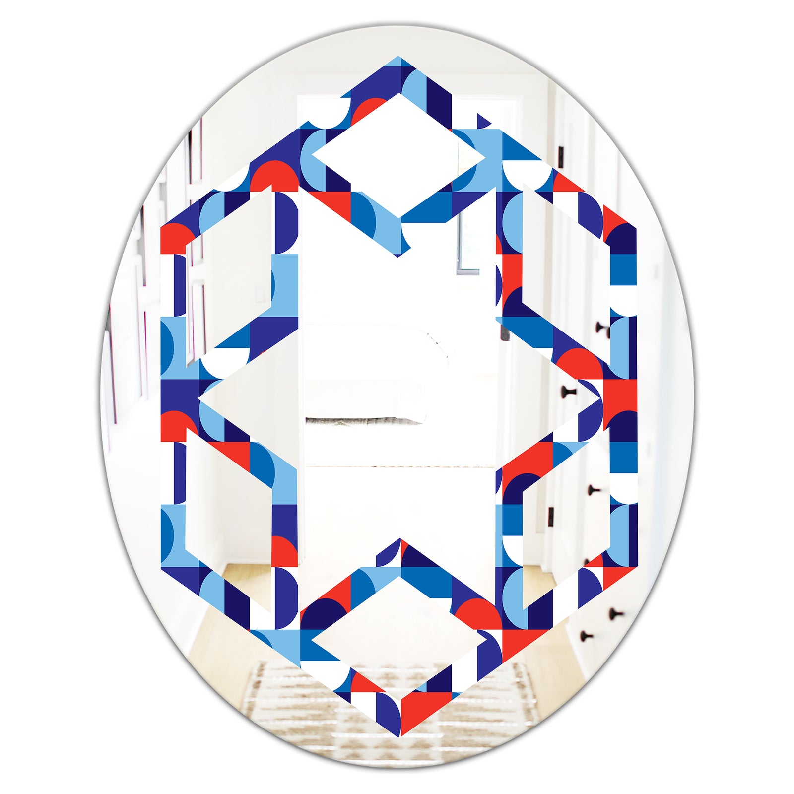 Blue, Red & White Polka Dots - Modern Round or Oval Wall Mirror - Hexagon Star