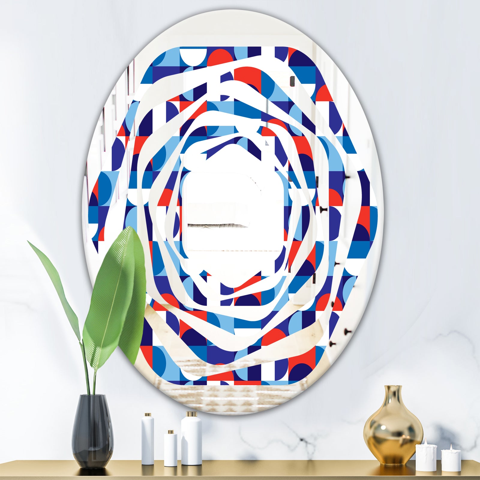 Blue, Red & White Polka Dots - Modern Round or Oval Wall Mirror - Whirl