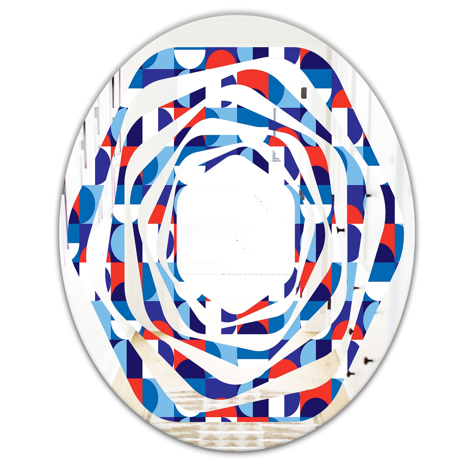 Blue, Red & White Polka Dots - Modern Round or Oval Wall Mirror - Whirl
