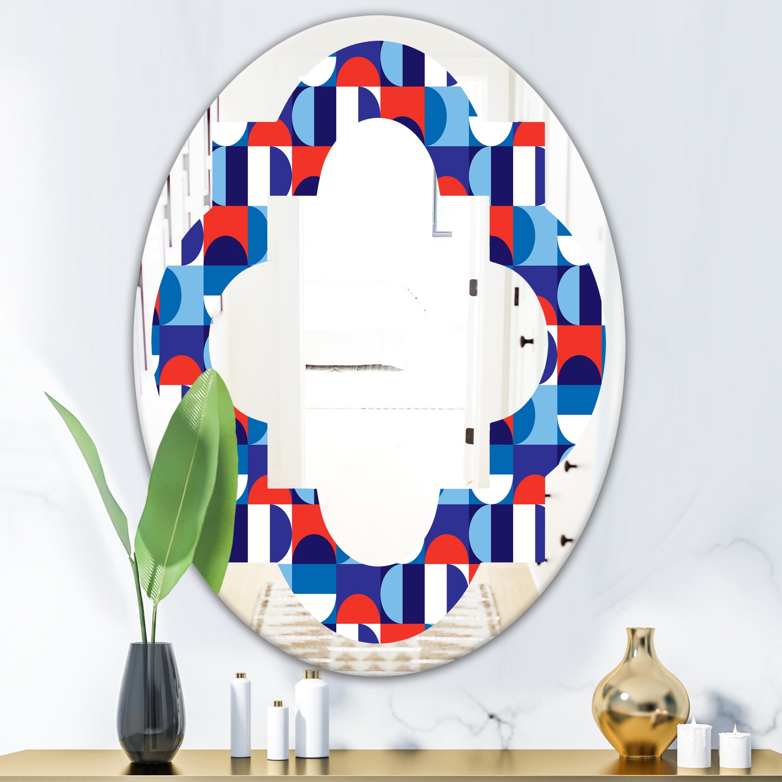 Blue, Red & White Polka Dots - Modern Round or Oval Wall Mirror - Quatrefoil