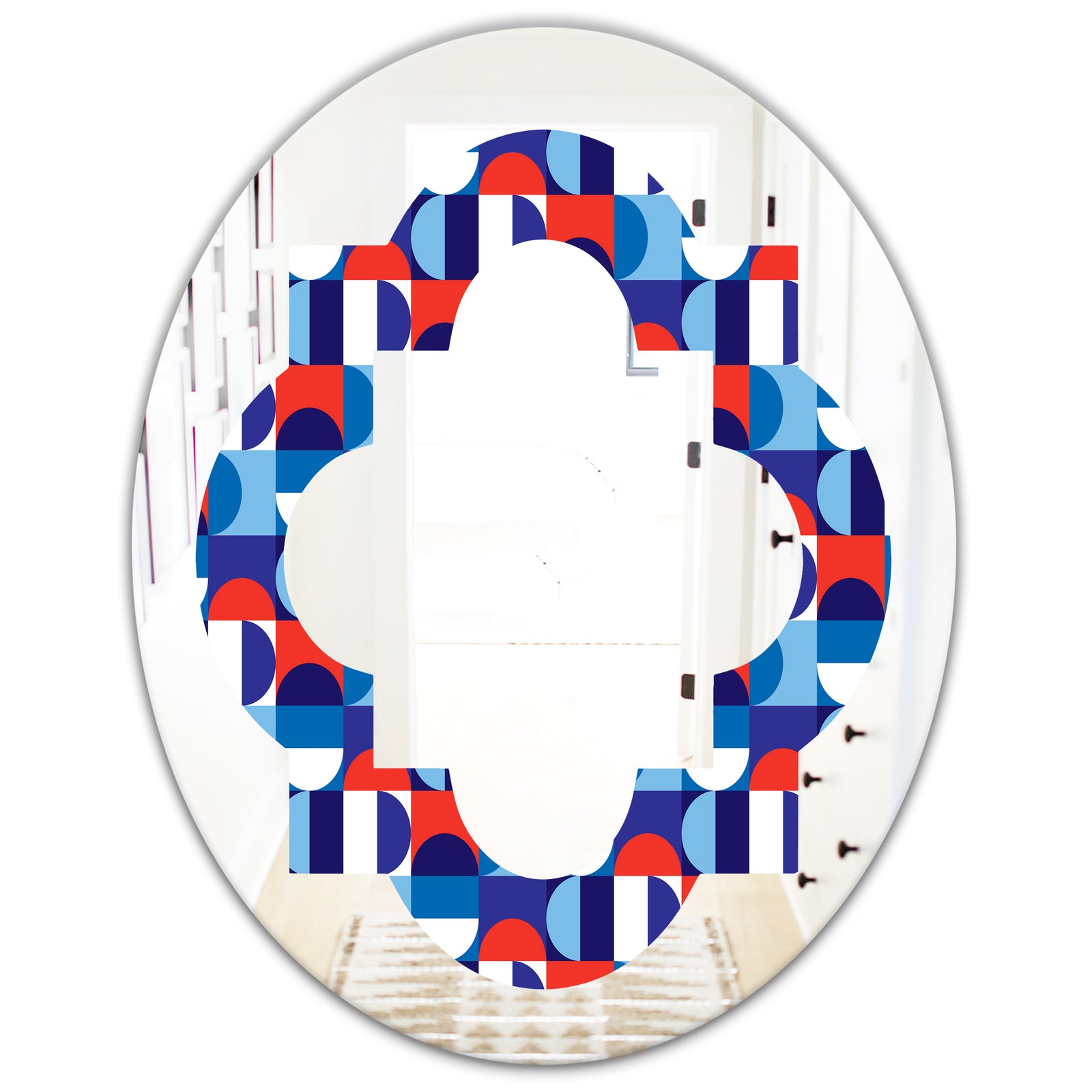 Blue, Red & White Polka Dots - Modern Round or Oval Wall Mirror - Quatrefoil