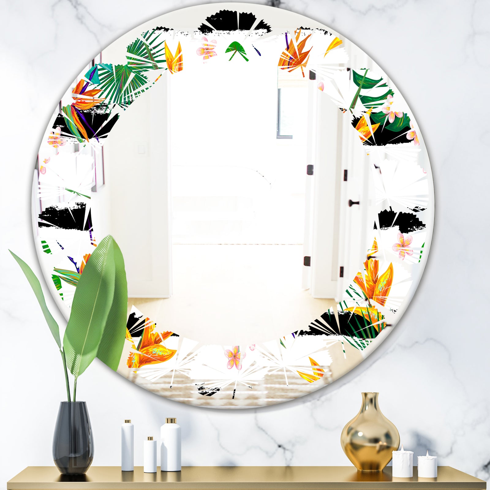 Retro Tropical Leaves II - Modern Round or Oval Wall Mirror - Leaves