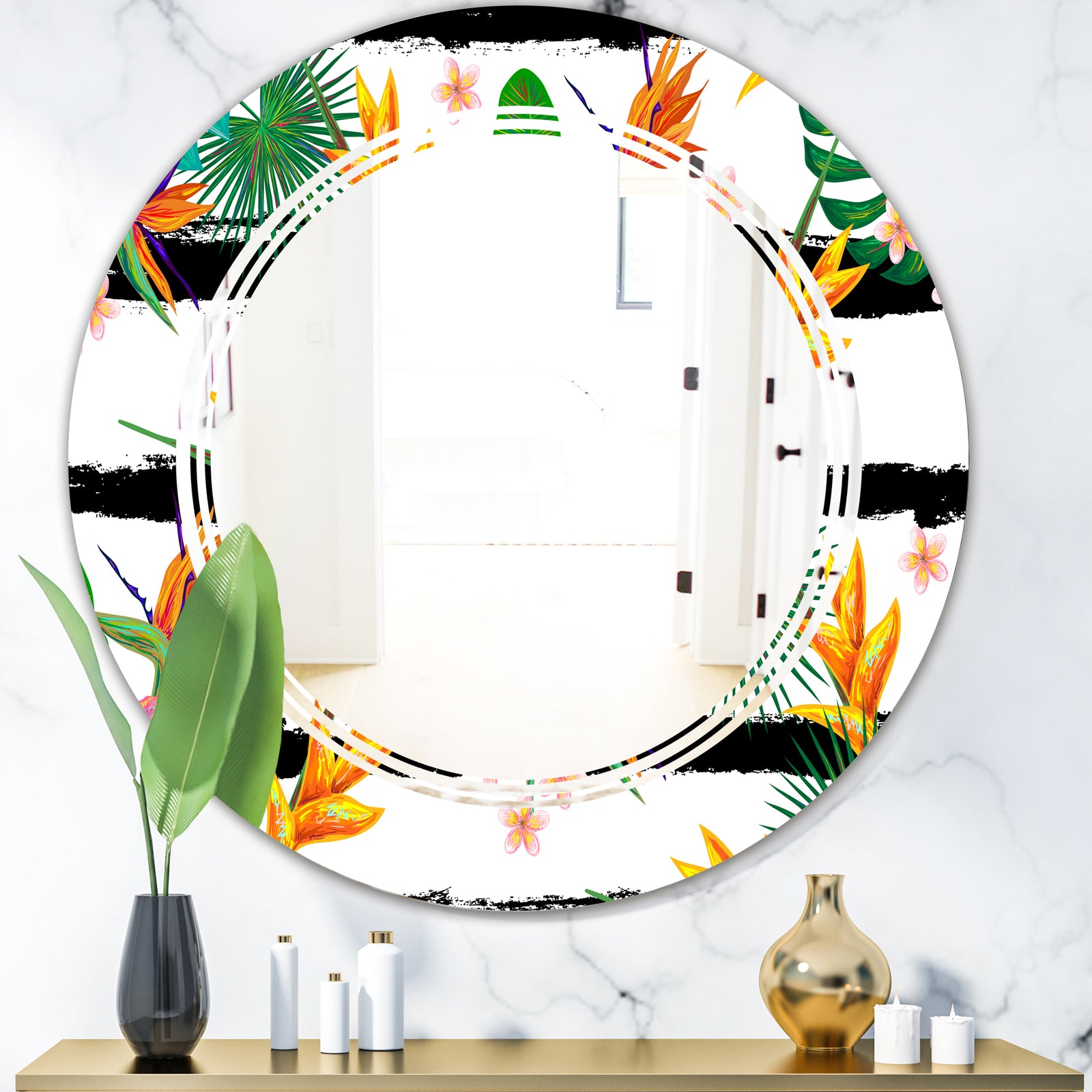 Retro Tropical Leaves II - Modern Round or Oval Wall Mirror - Triple C