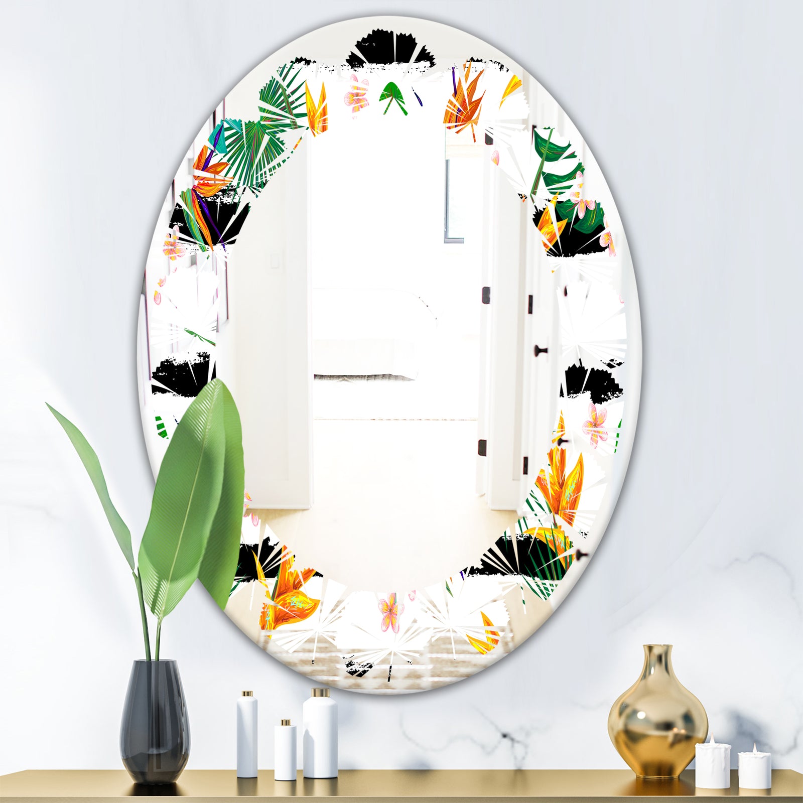 Retro Tropical Leaves II - Modern Round or Oval Wall Mirror - Leaves