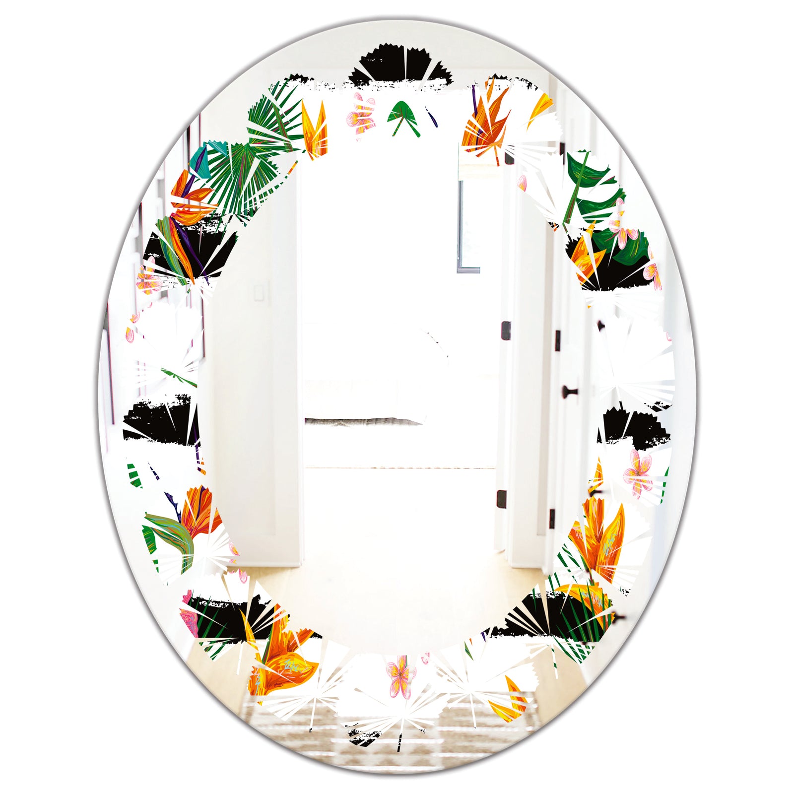 Retro Tropical Leaves II - Modern Round or Oval Wall Mirror - Leaves