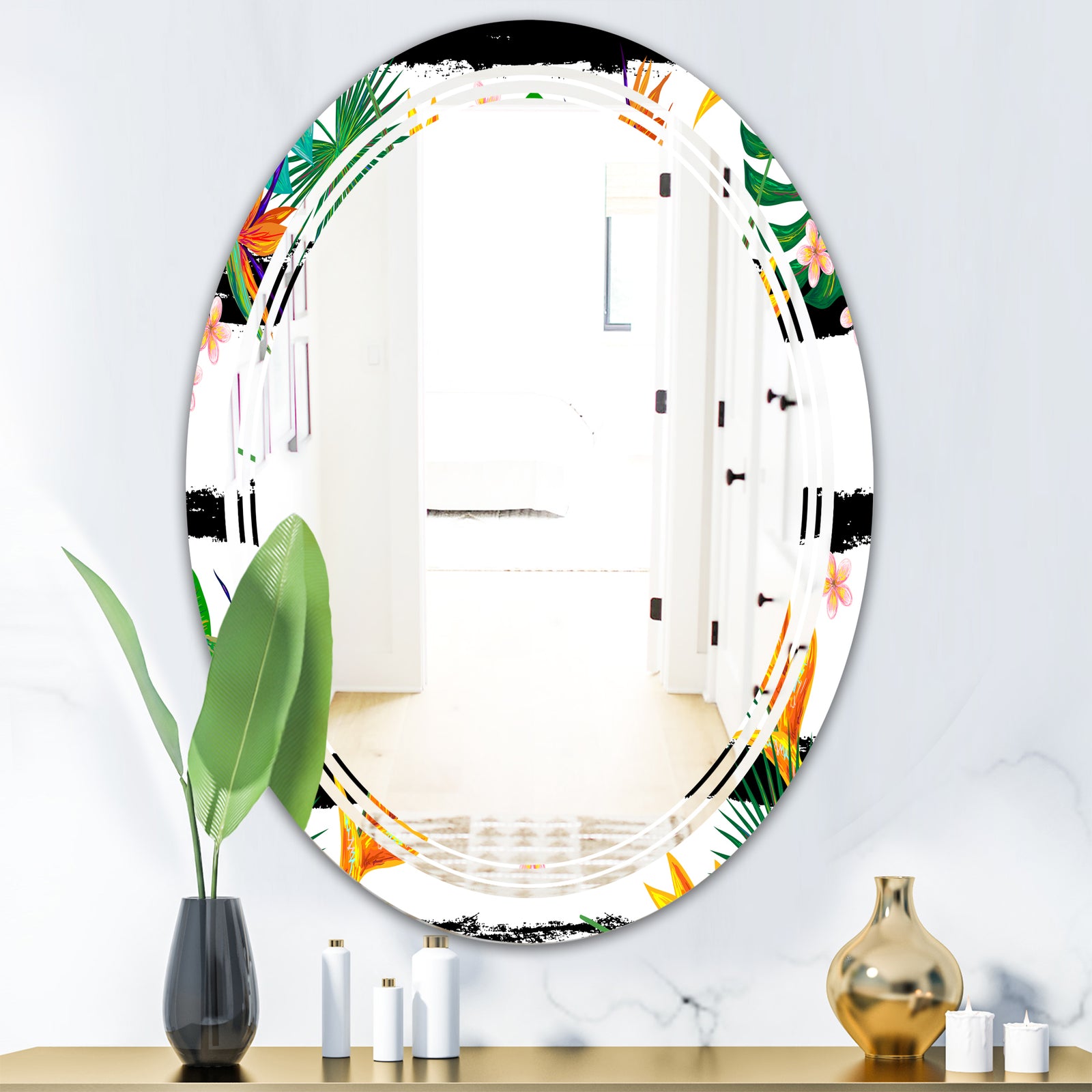 Retro Tropical Leaves II - Modern Round or Oval Wall Mirror - Triple C