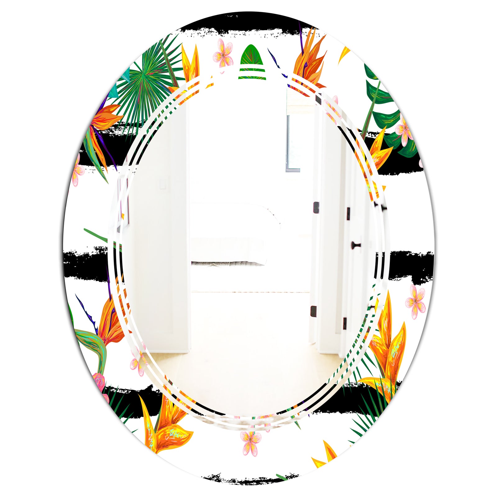 Retro Tropical Leaves II - Modern Round or Oval Wall Mirror - Triple C