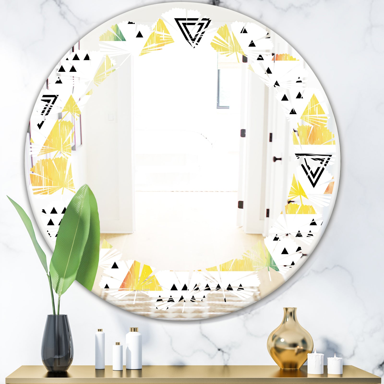 Triangular Retro Design IV - Modern Round or Oval Wall Mirror - Leaves