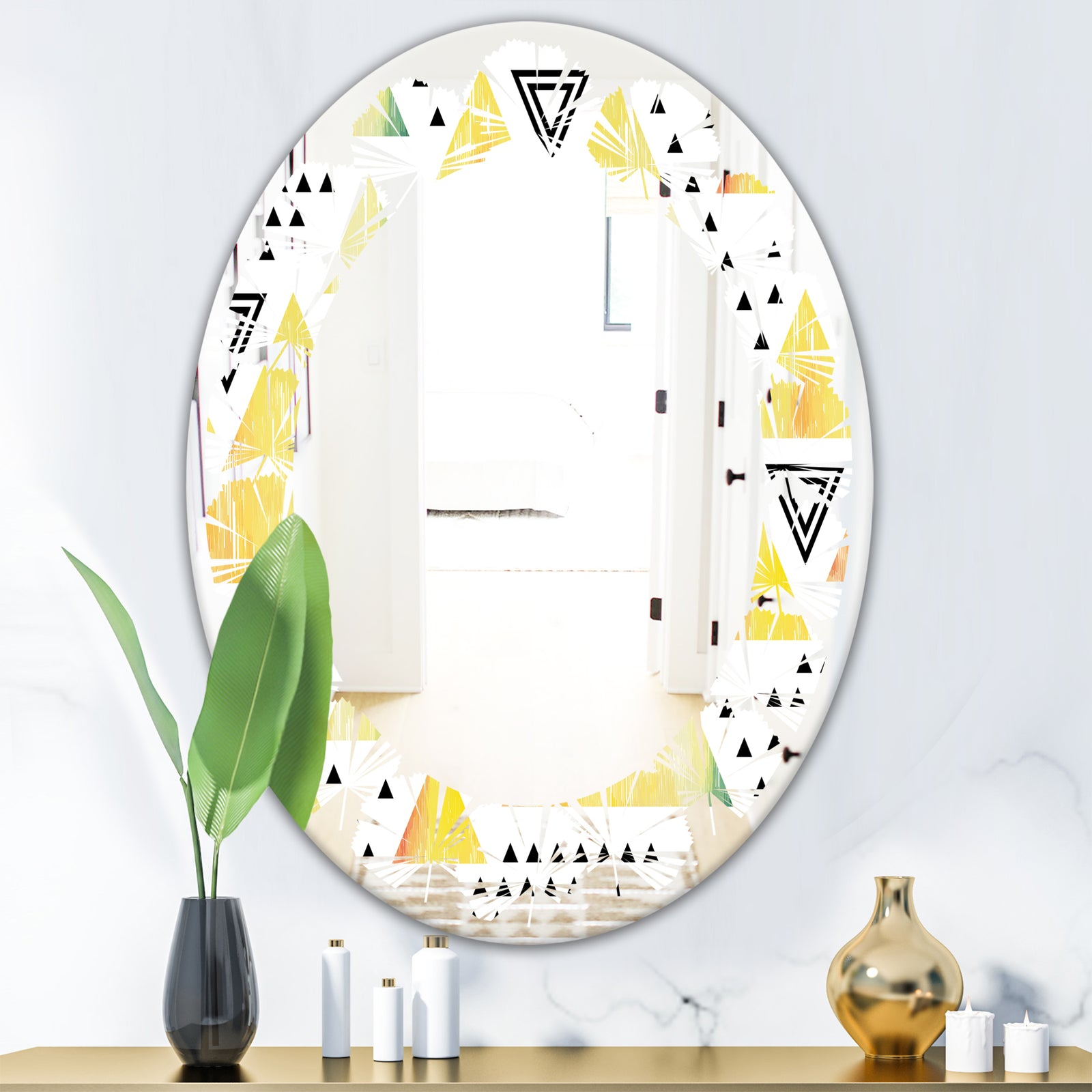 Triangular Retro Design IV - Modern Round or Oval Wall Mirror - Leaves
