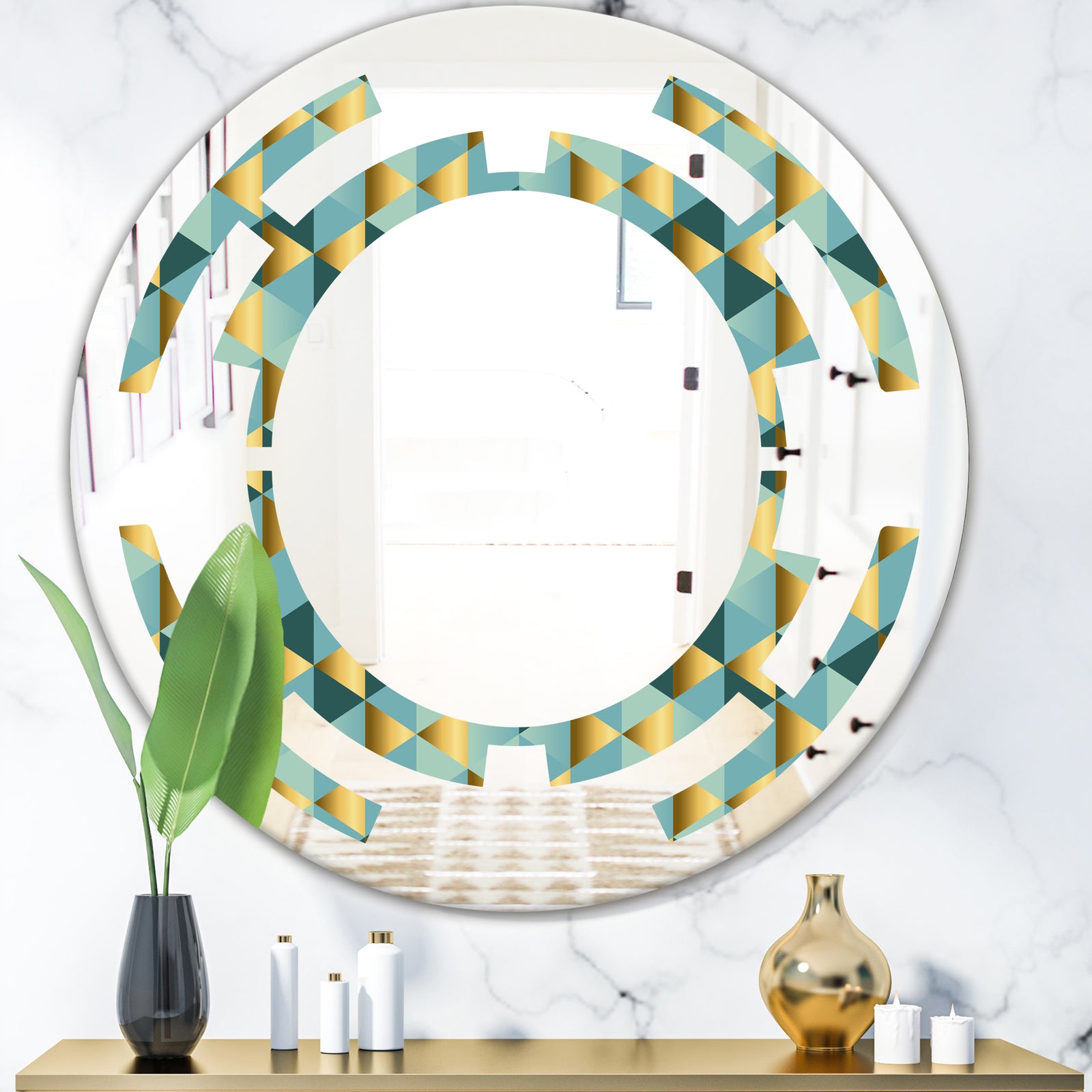 Gold and Blue Dynamics V - Modern Round or Oval Wall Mirror - Space