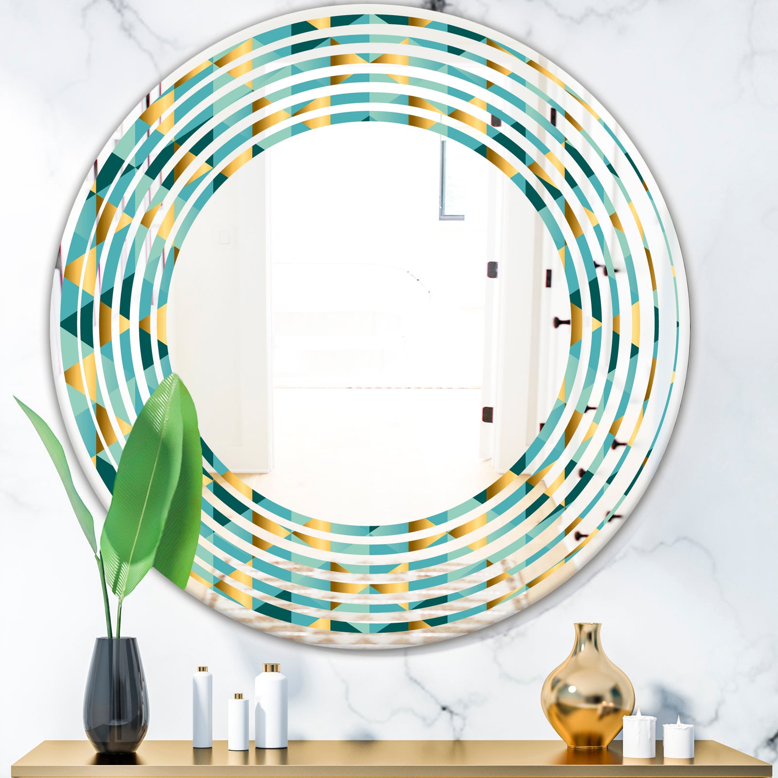 Gold and Blue Dynamics V - Modern Round or Oval Wall Mirror - Wave