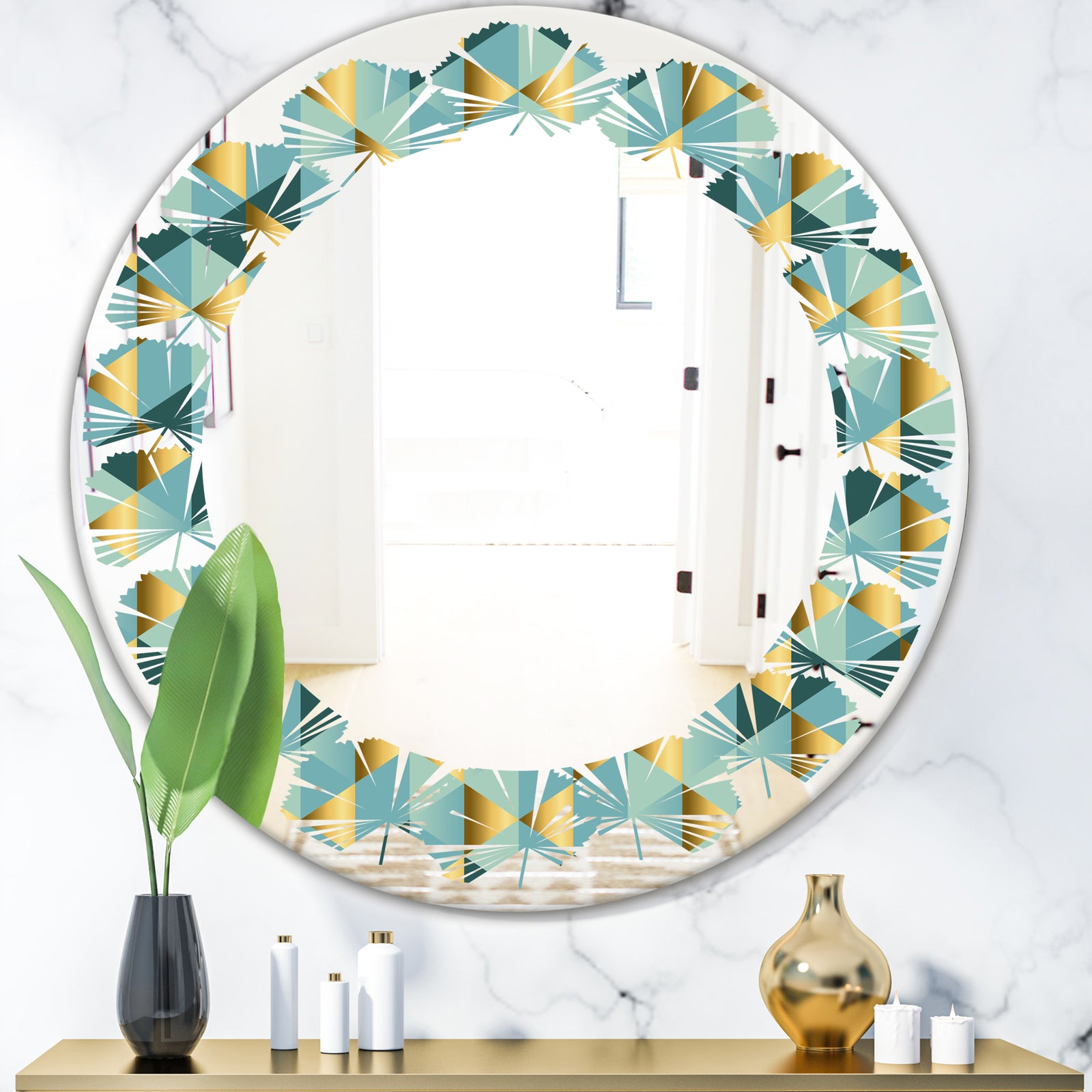 Gold and Blue Dynamics V - Modern Round or Oval Wall Mirror - Leaves