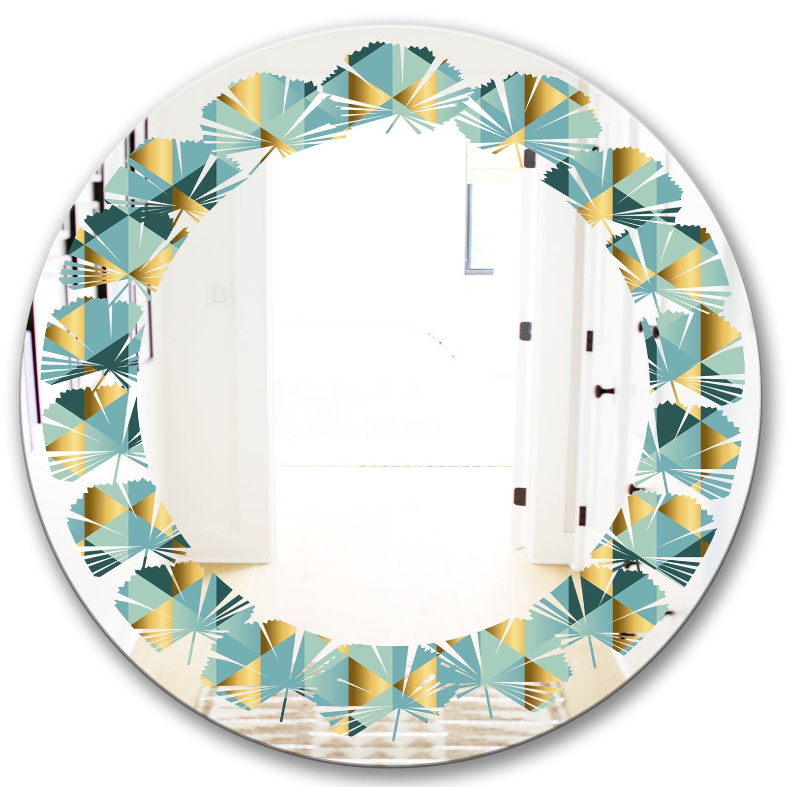 Gold and Blue Dynamics V - Modern Round or Oval Wall Mirror - Leaves