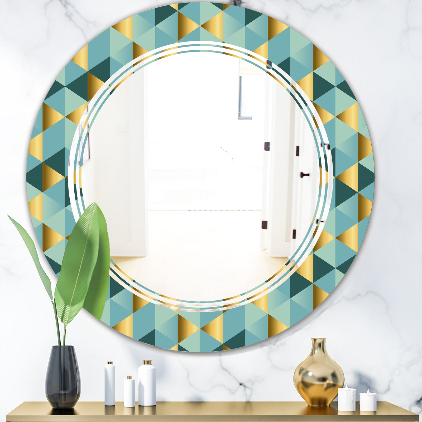Gold and Blue Dynamics V - Modern Round or Oval Wall Mirror - Triple C