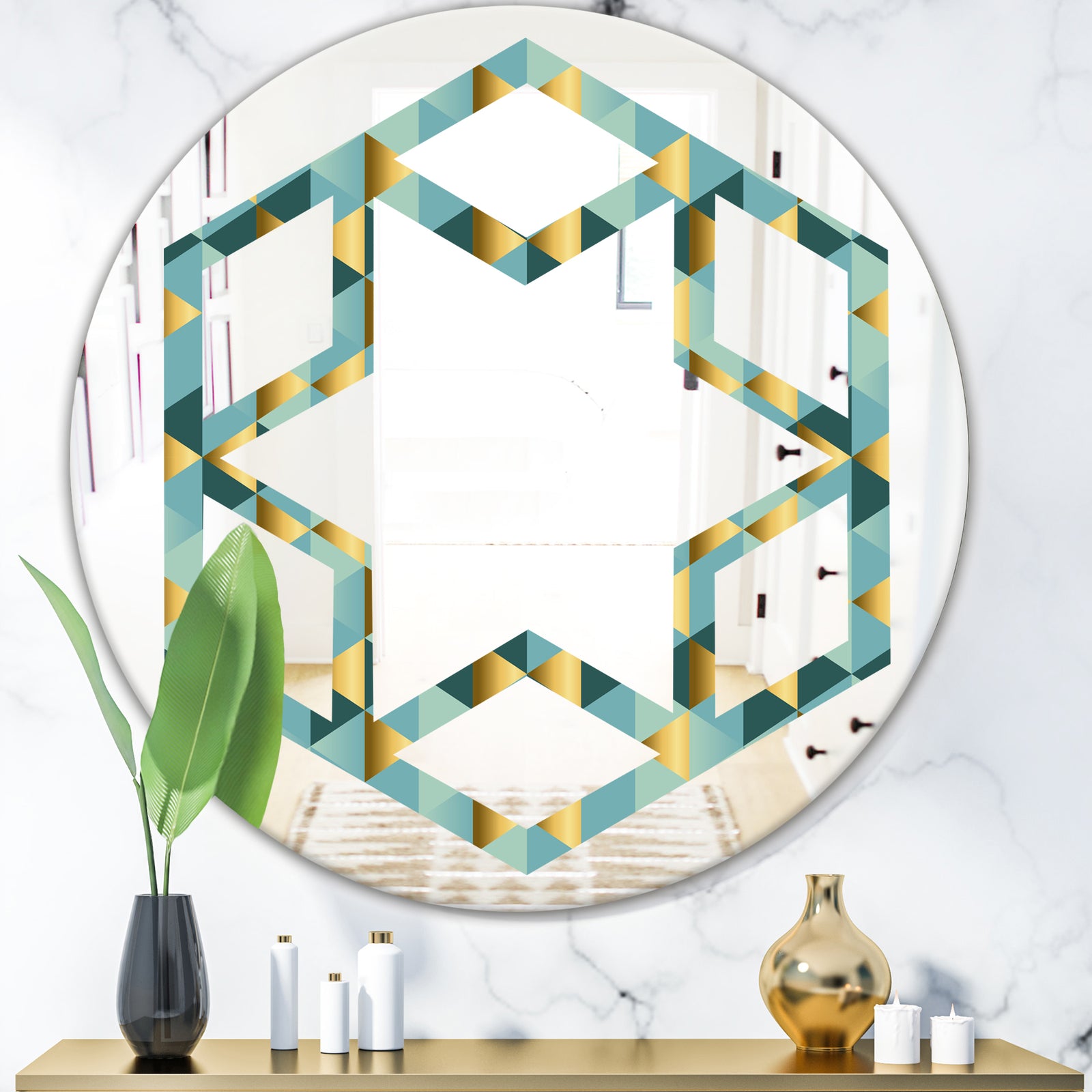 Gold and Blue Dynamics V - Modern Round or Oval Wall Mirror - Hexagon Star
