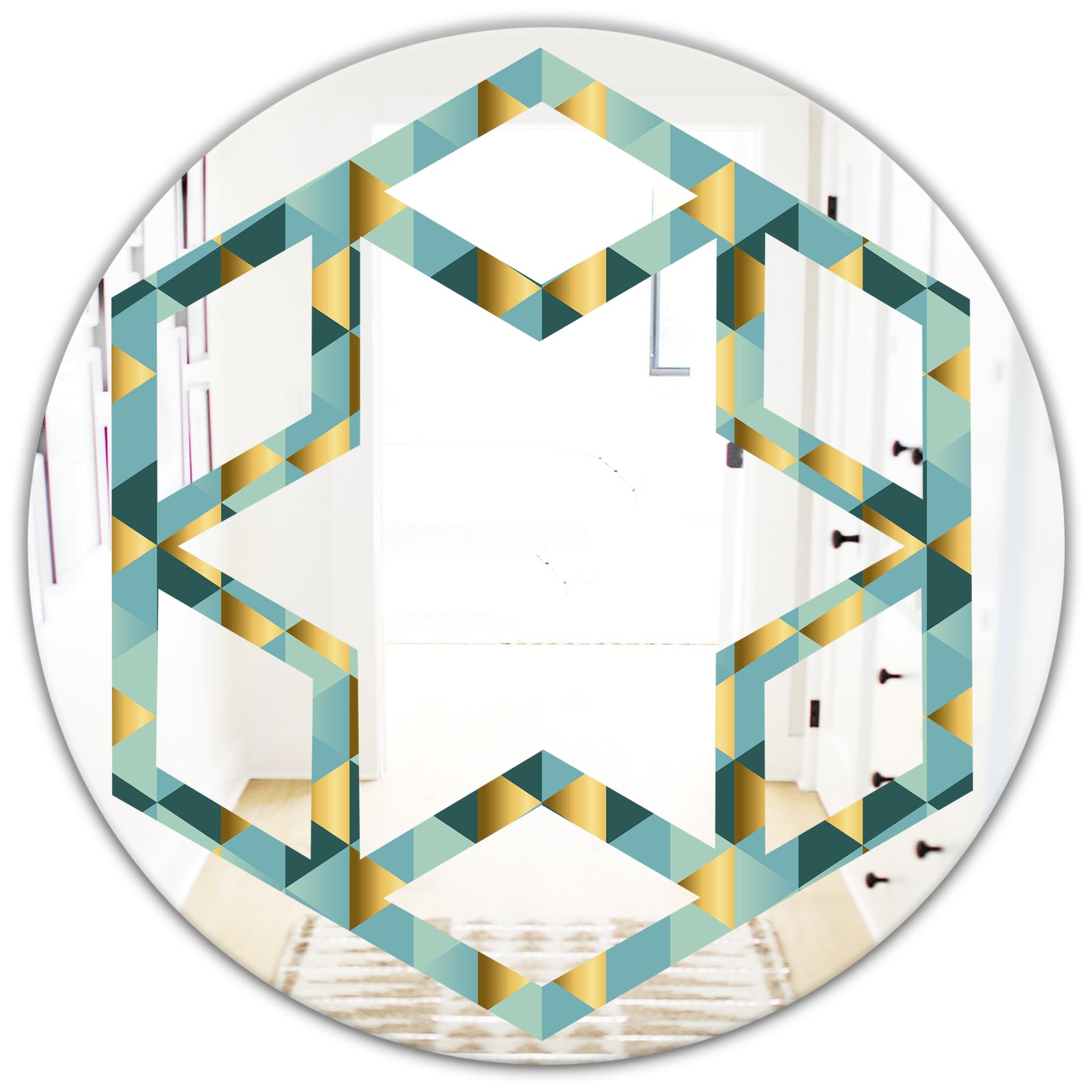 Gold and Blue Dynamics V - Modern Round or Oval Wall Mirror - Hexagon Star