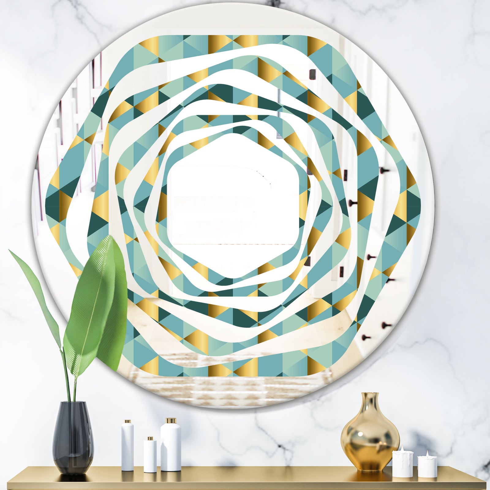 Gold and Blue Dynamics V - Modern Round or Oval Wall Mirror - Whirl