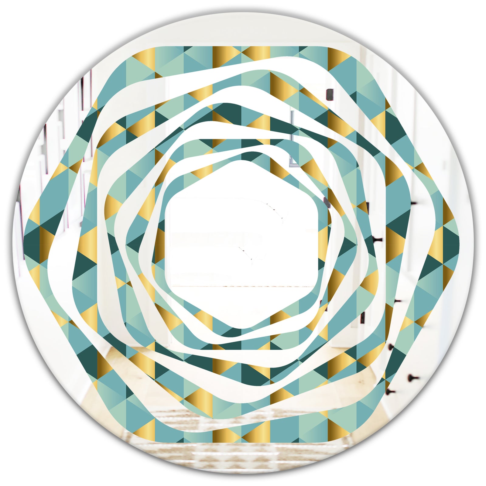 Gold and Blue Dynamics V - Modern Round or Oval Wall Mirror - Whirl