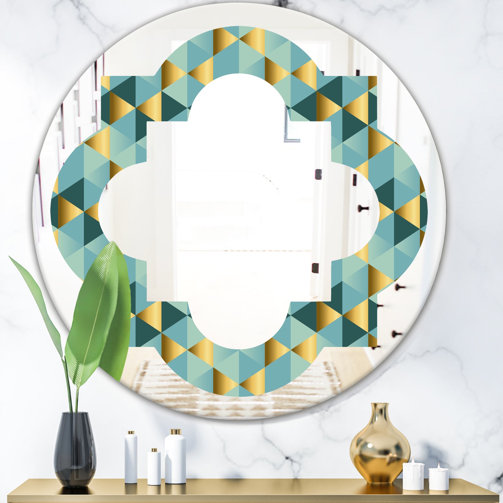 Gold and Blue Dynamics V - Modern Round or Oval Wall Mirror - Quatrefoil