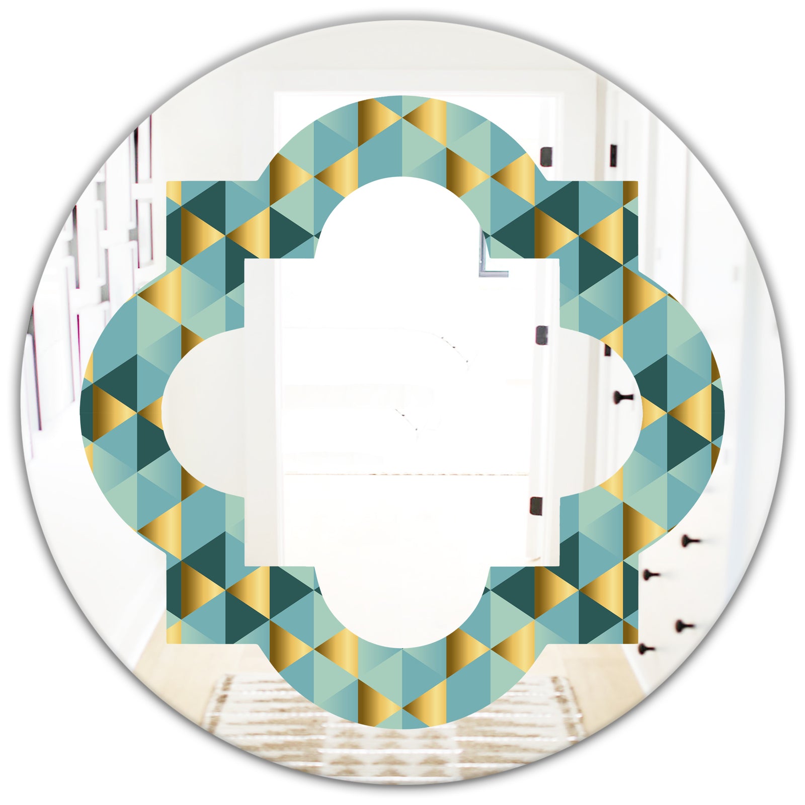 Gold and Blue Dynamics V - Modern Round or Oval Wall Mirror - Quatrefoil