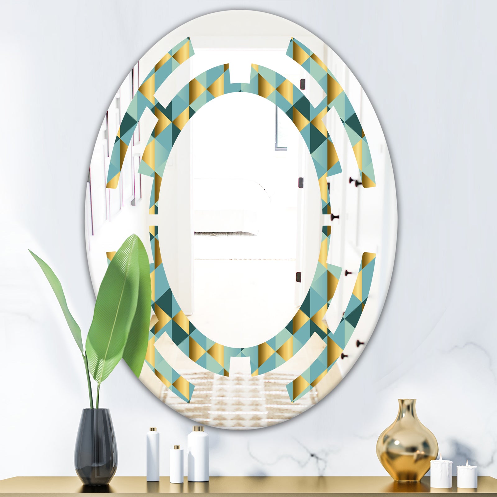 Gold and Blue Dynamics V - Modern Round or Oval Wall Mirror - Space
