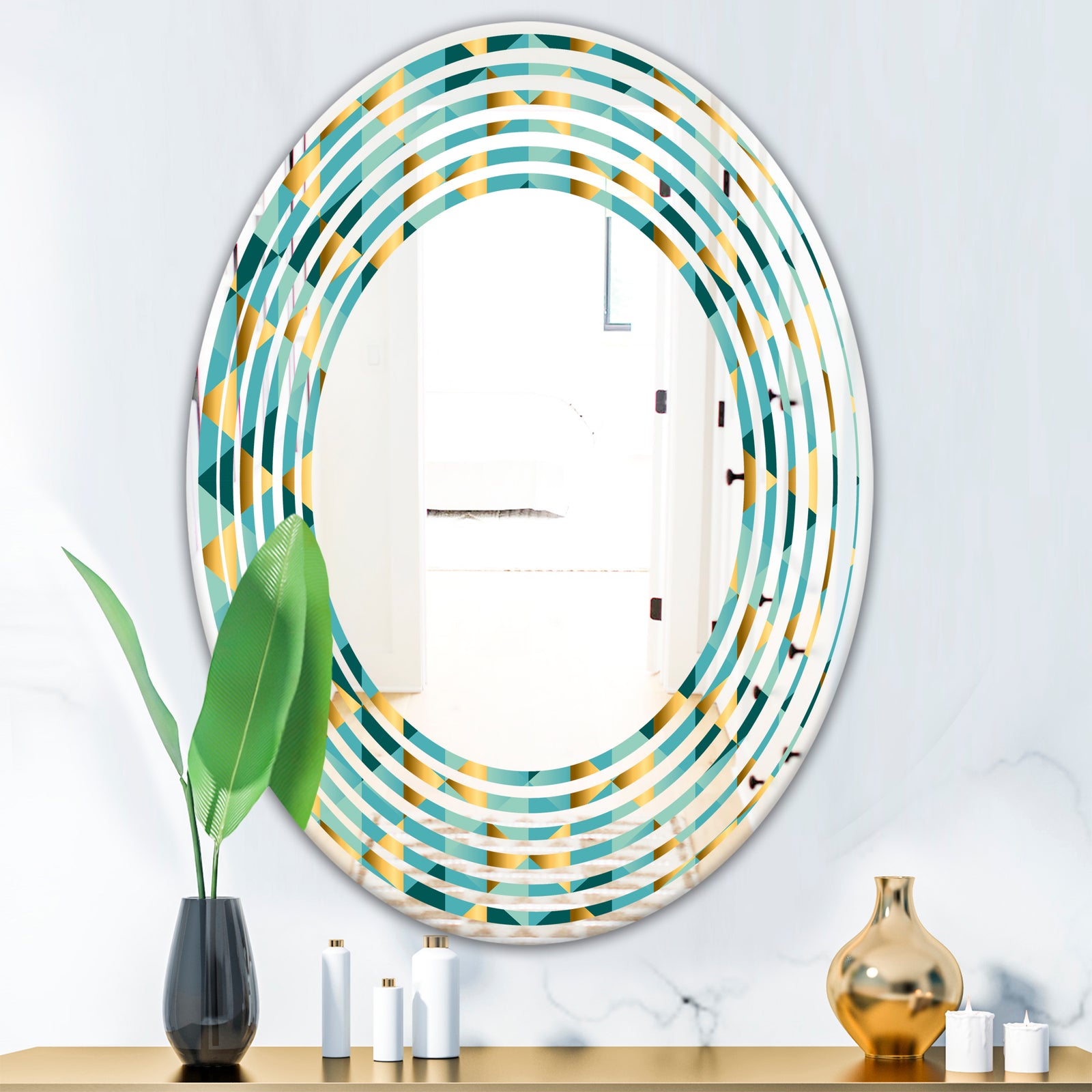 Gold and Blue Dynamics V - Modern Round or Oval Wall Mirror - Wave