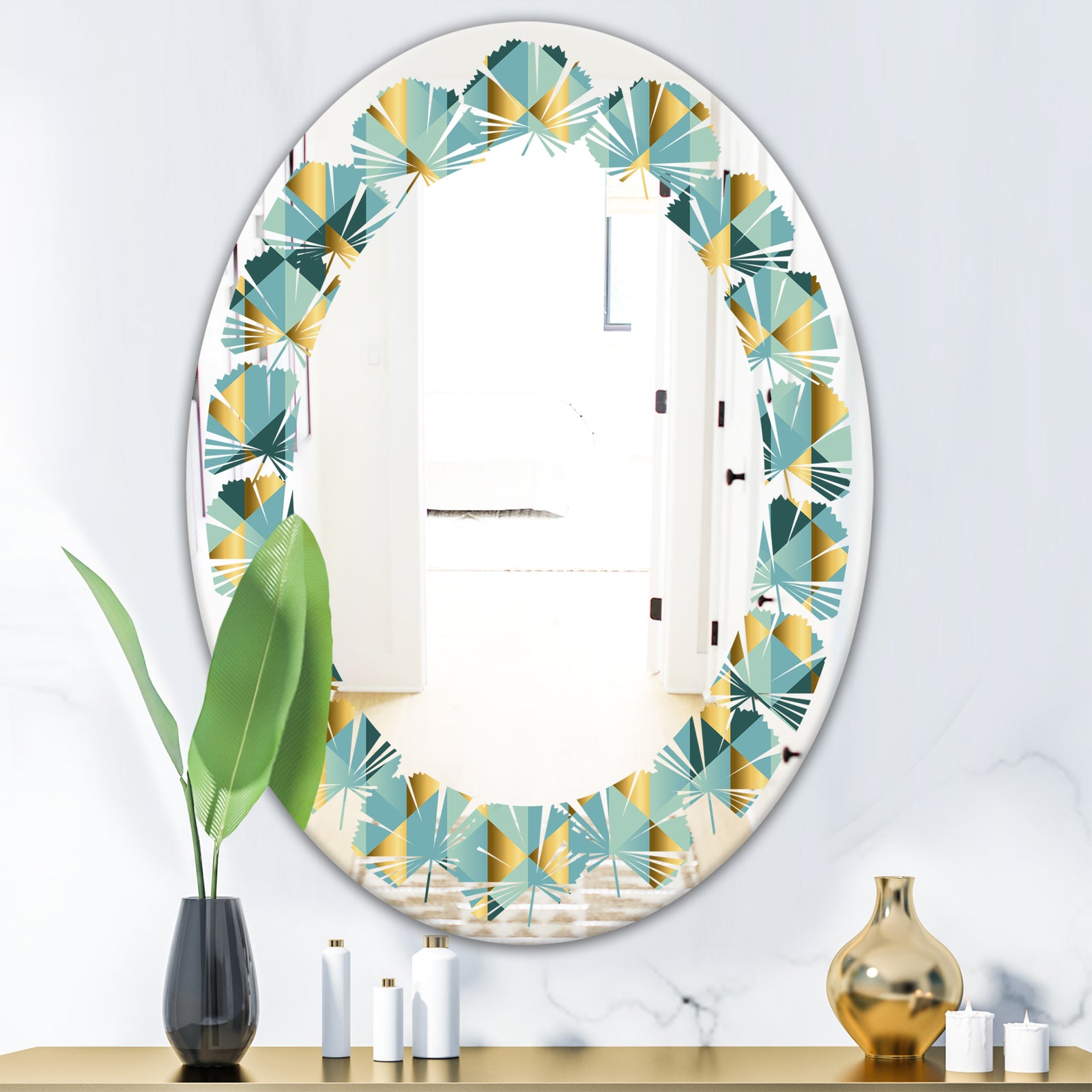 Gold and Blue Dynamics V - Modern Round or Oval Wall Mirror - Leaves