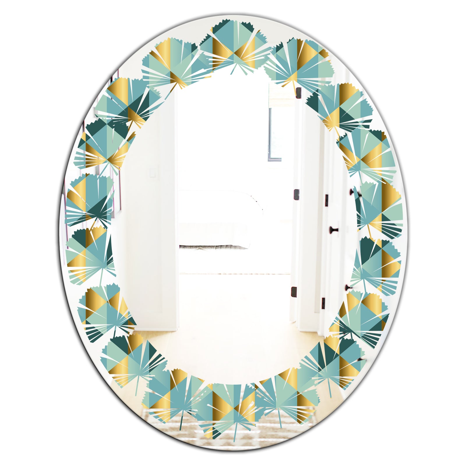 Gold and Blue Dynamics V - Modern Round or Oval Wall Mirror - Leaves