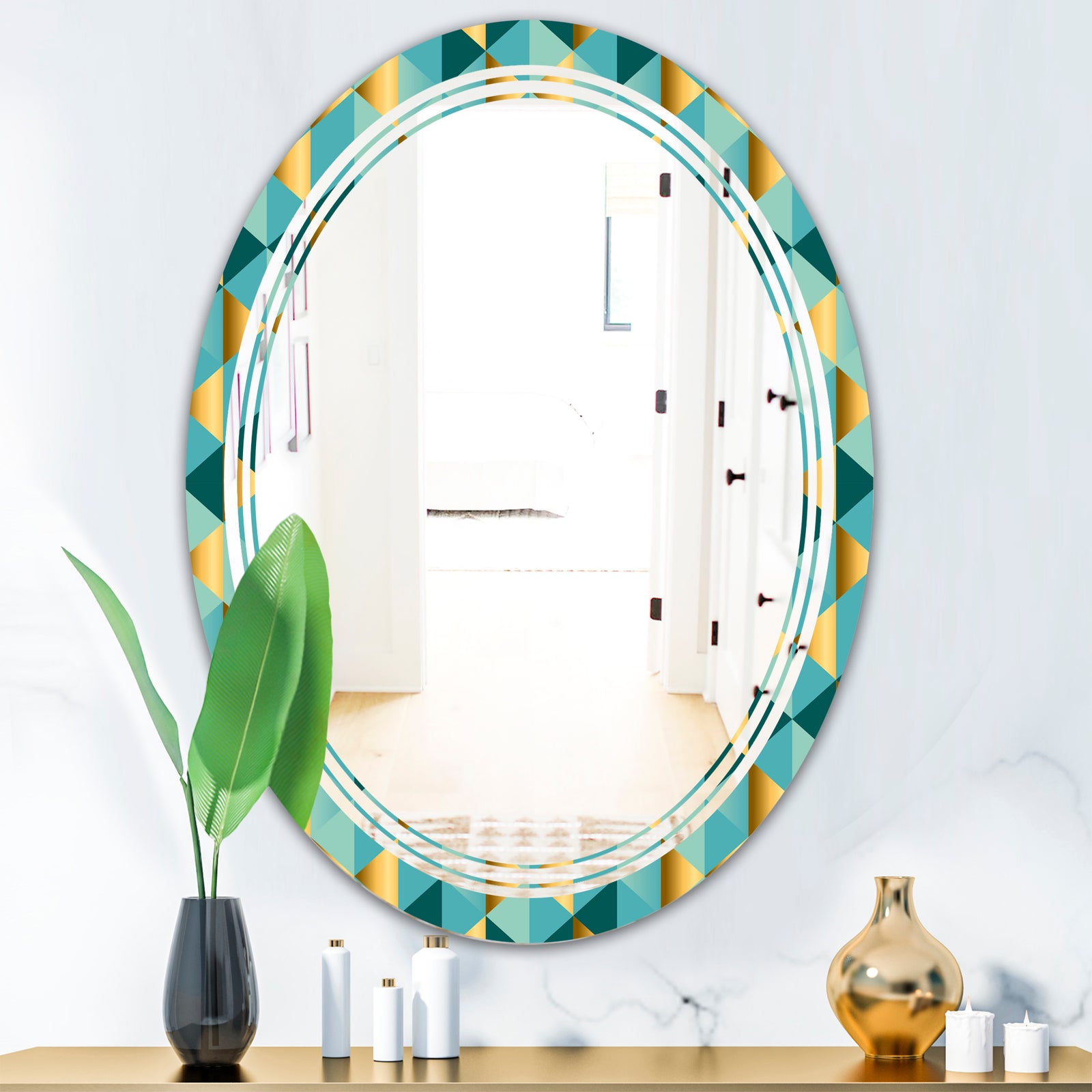 Gold and Blue Dynamics V - Modern Round or Oval Wall Mirror - Triple C
