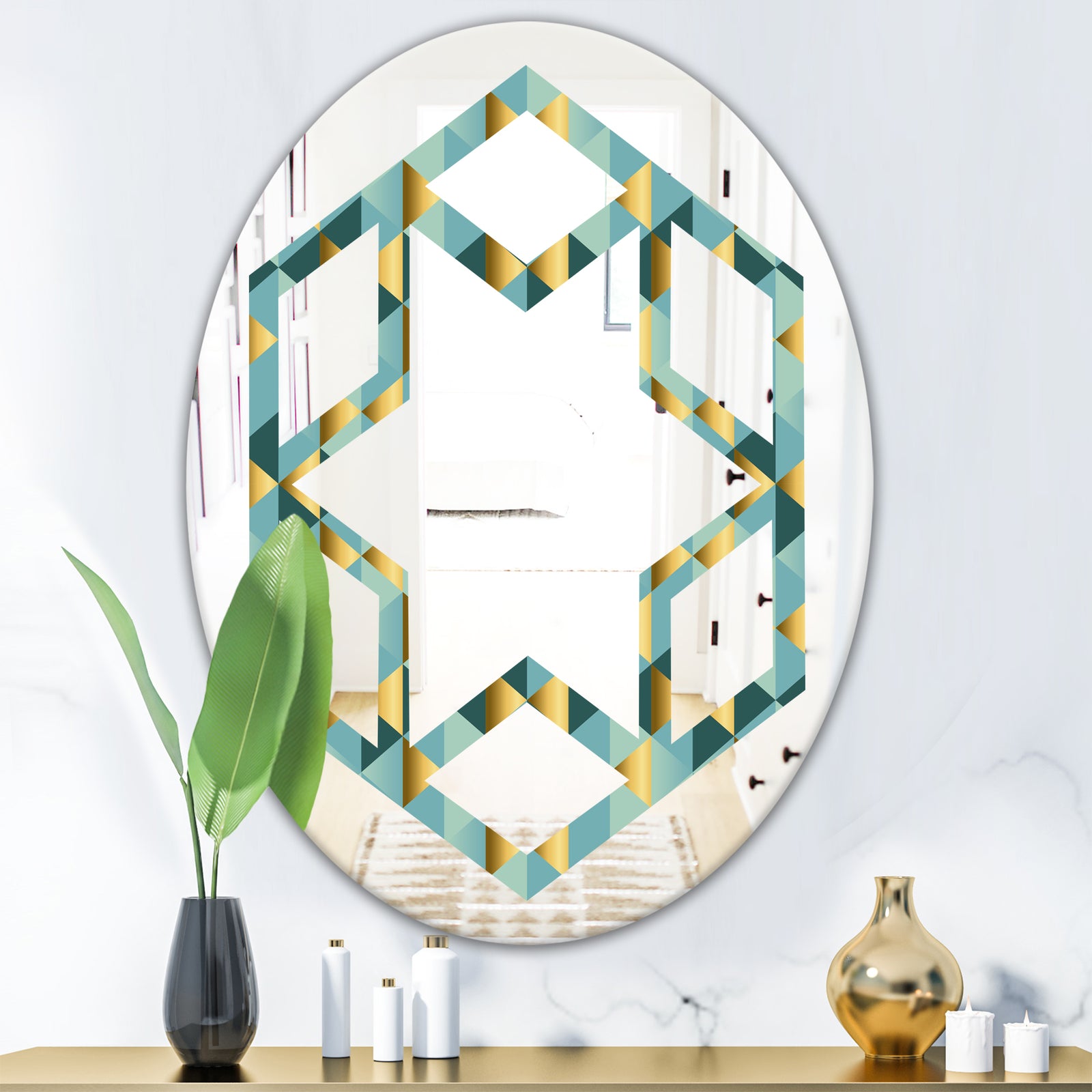 Gold and Blue Dynamics V - Modern Round or Oval Wall Mirror - Hexagon Star