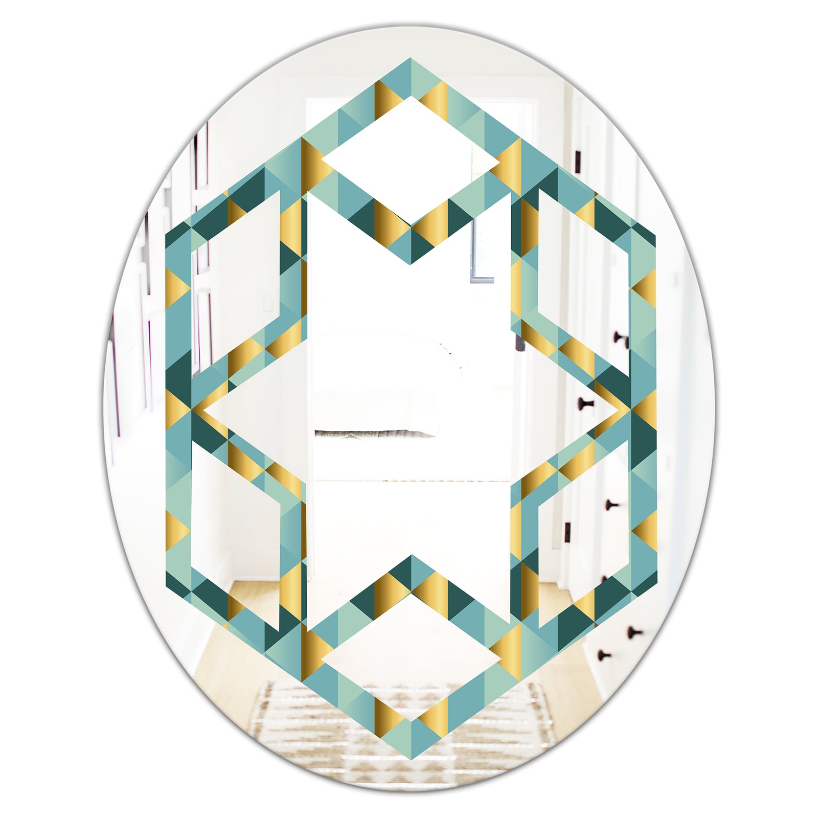 Gold and Blue Dynamics V - Modern Round or Oval Wall Mirror - Hexagon Star