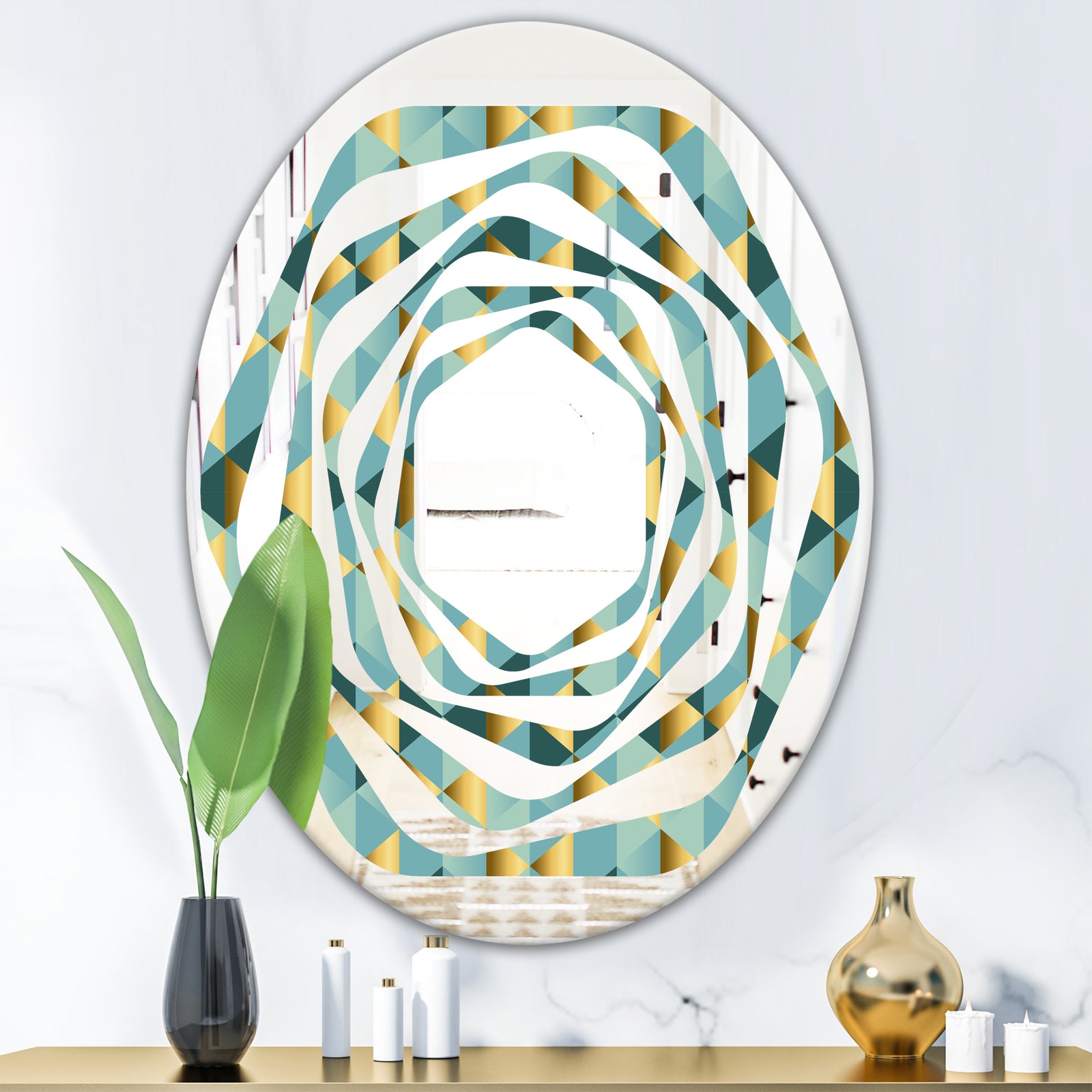 Gold and Blue Dynamics V - Modern Round or Oval Wall Mirror - Whirl