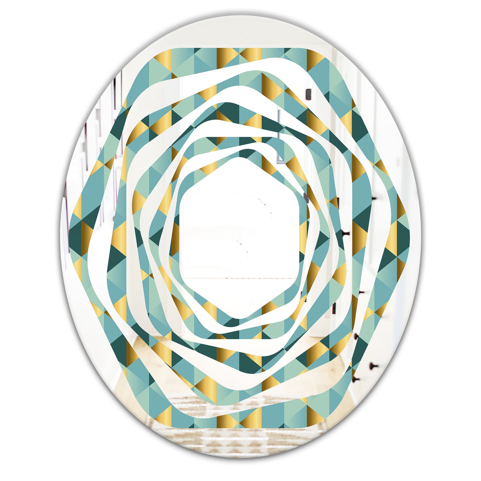 Gold and Blue Dynamics V - Modern Round or Oval Wall Mirror - Whirl