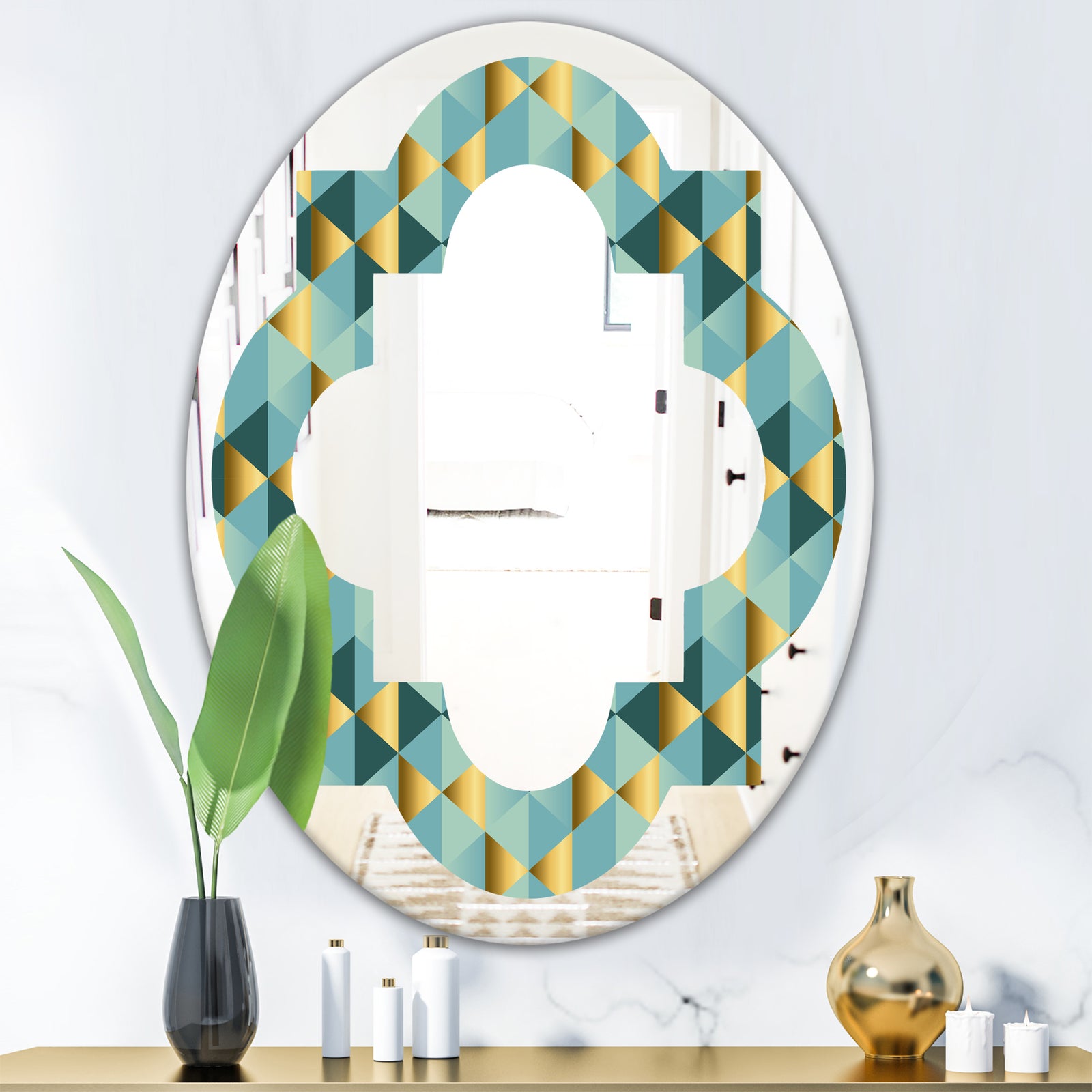 Gold and Blue Dynamics V - Modern Round or Oval Wall Mirror - Quatrefoil